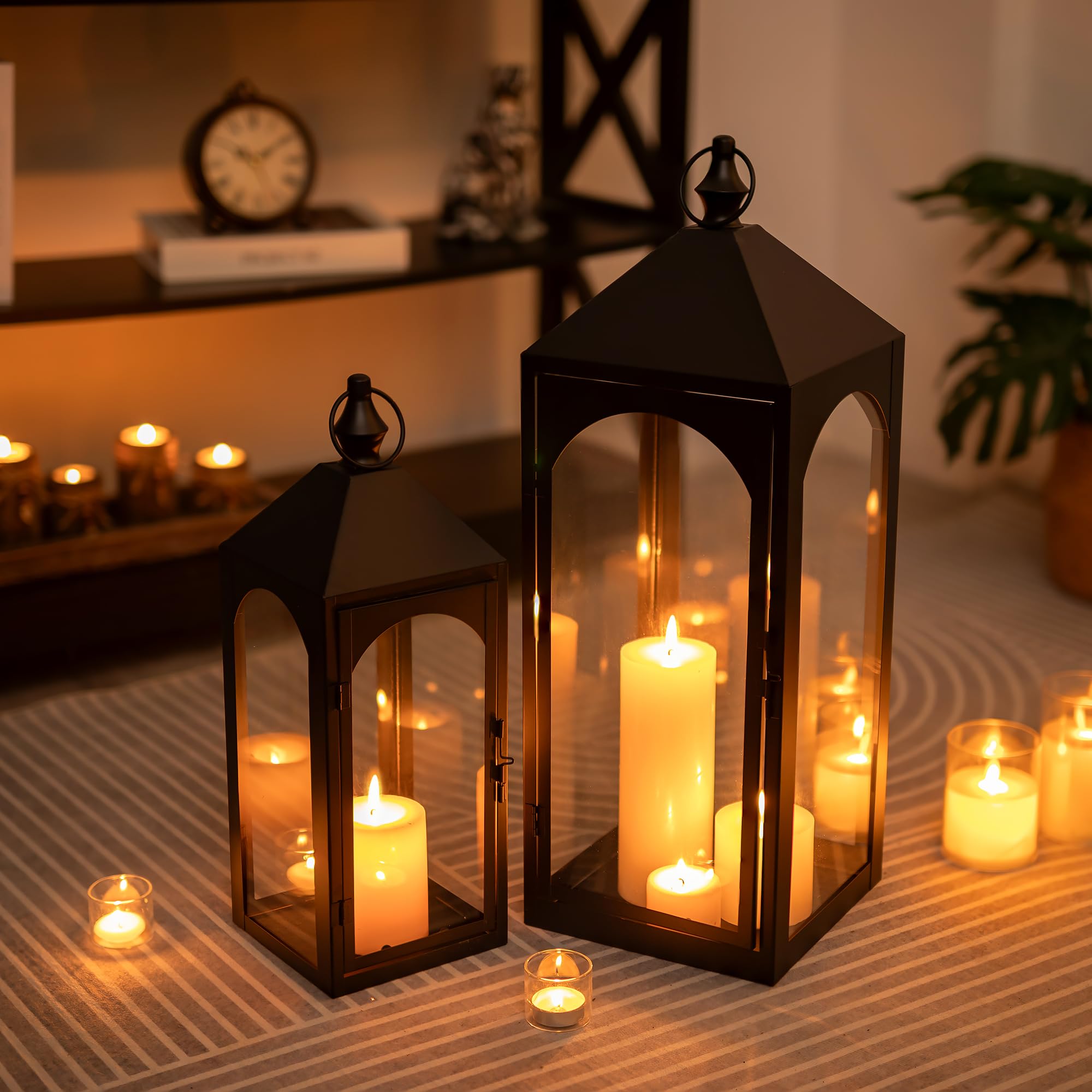 Lot de 2 lanternes d'extérieur résistantes aux intempéries pour balcon, jardin, noir, XXL
