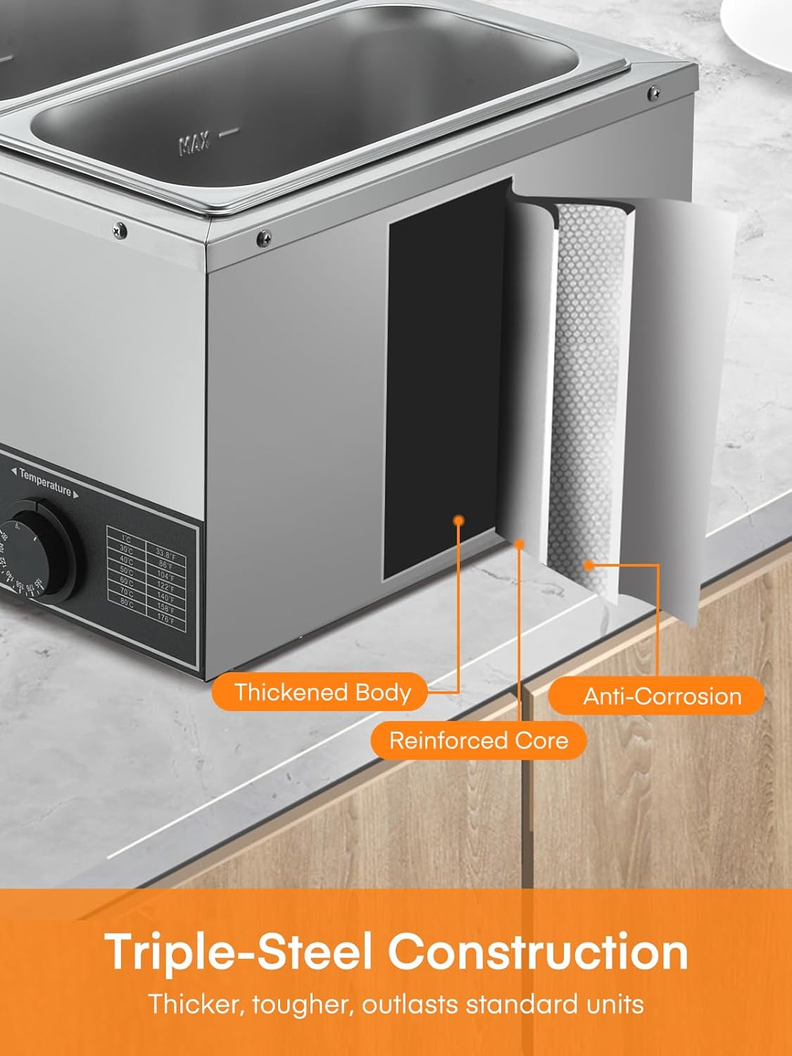 Commercial 3-Pan Food Warmer 1500W – Stainless Steel Steam Table for Buffet, Catering & Restaurant, with Individual Temperature Control, Drain Tap, Water Refill Alert – Includes 3 x 1/3 GN Pans