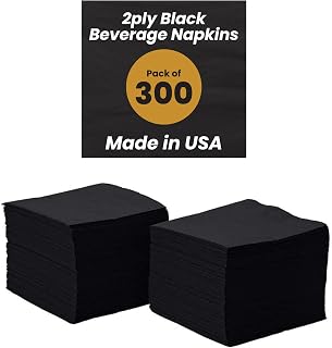 Perfectware 2-Ply Black Cocktail Napkins 300 Pack 10x10 Inches - Absorbent Durable Beverage Napkins