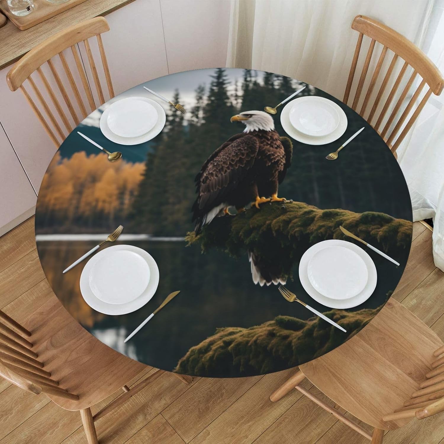 Flying Eagle Print Outdoor Patio Kitchen Decor Supplies Wipeable Round Table Cloth for Indoor Outdoor