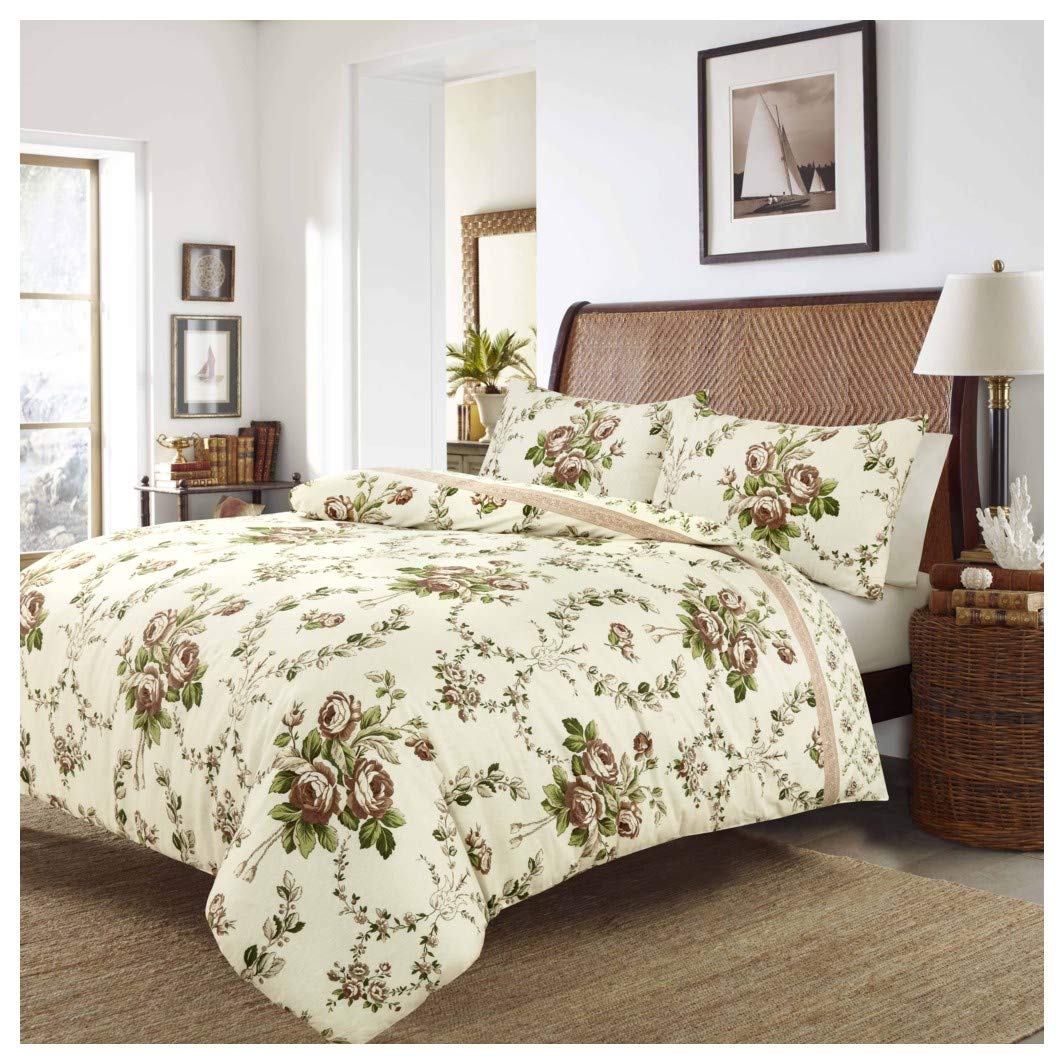 Hendem Natural Hendem® Olivia Flannelette Duvet Quilt Cover Set Floral Thermal Flannel 100% Brushed Cotton (, Double)