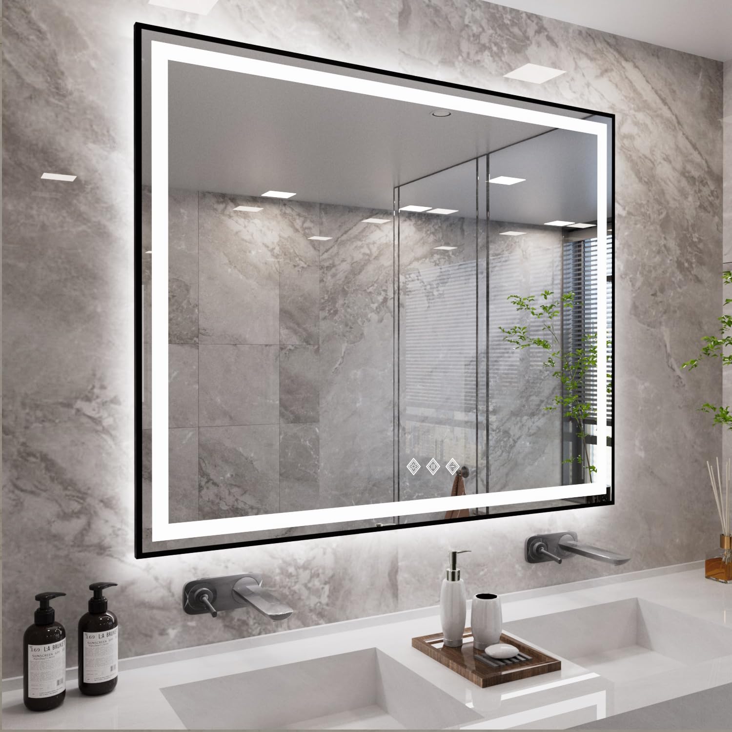 Bathroom Mirror Frame, 48x40 Inch Black Framed Gradient Front and Backlit LED Bathroom Mirror, 3 Colors Dimmable CRI>90, IP54 Enhanced Anti-Fog Wall Mounted LED Mirror