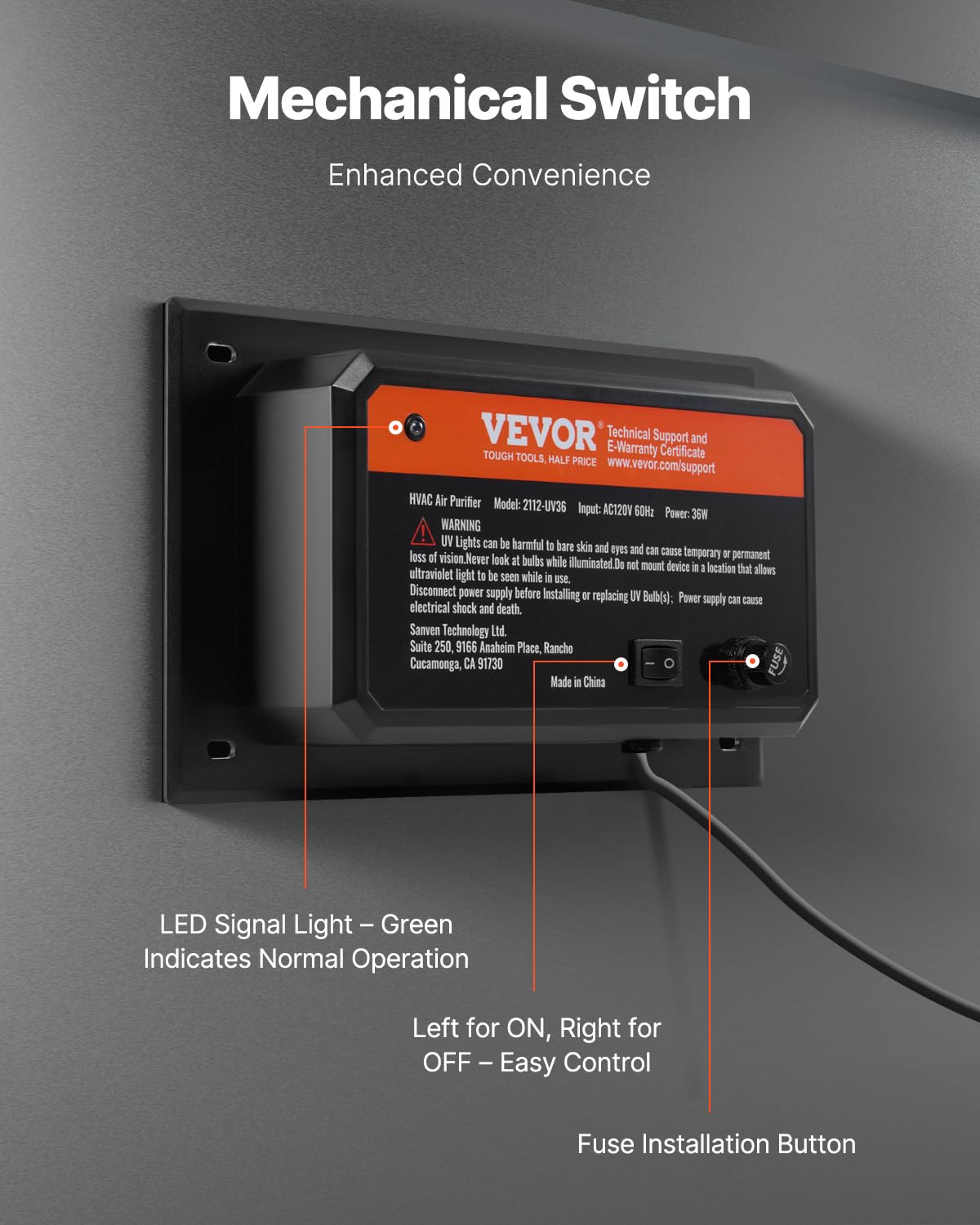 VEVOR Oczyszczacz powietrza do kanału HVAC do domu, 36 W, przewód klimatyzacyjny, długość fali 254 nm, światło UV UVC, z żarówką UV 411 mm, mocne oczyszczanie, do klimatyzatora
