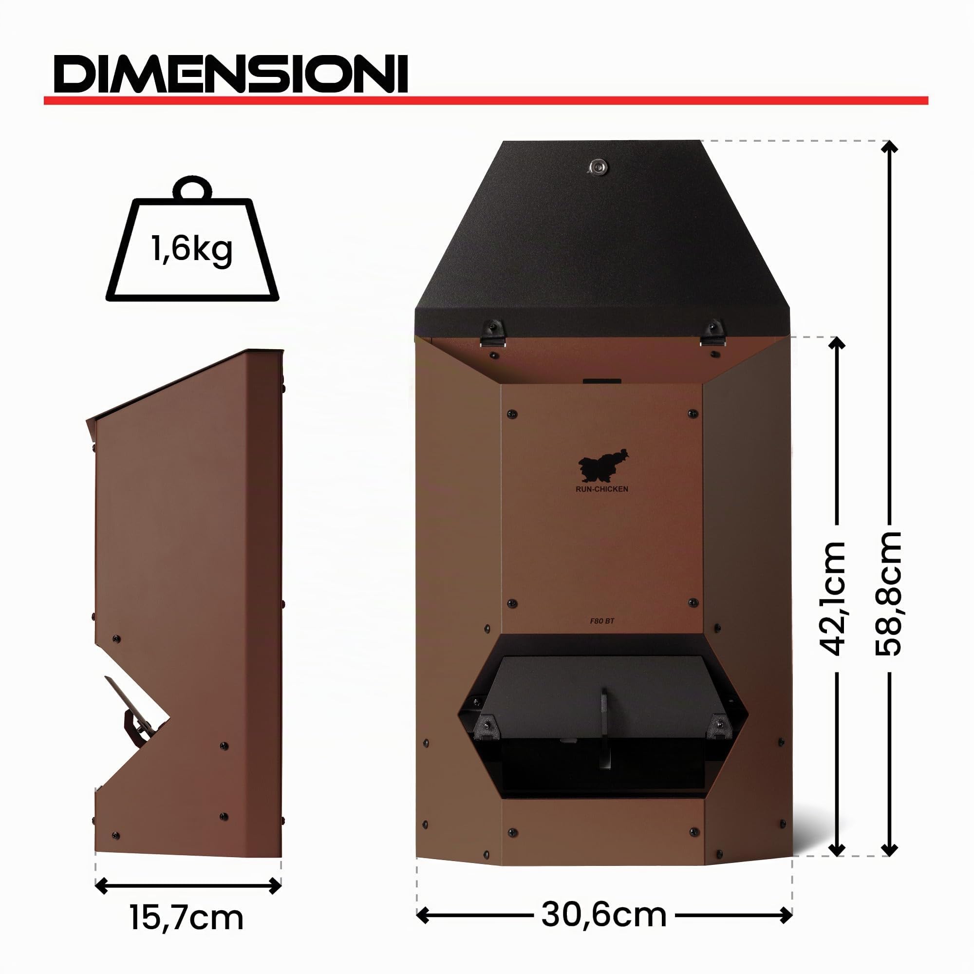 RUN-CHICKEN Distributrice di cibo (Marrone) Automatico distributore di cibo per polli, alimentato a batteria, portellone di sicurezza programmabile con timer, 9 kg di fornitura di cibo, resistente