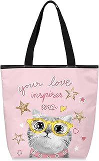 Sacolas de lona com zíper e bolso interno, bolsa de ombro feminina casual bolsa de mão gato fofo, bolsas de compras reutilizáveis de cozinha bolsas de lona para uso em bolsas de livros, sacolas de compras, sacolas de presente, Multicor
