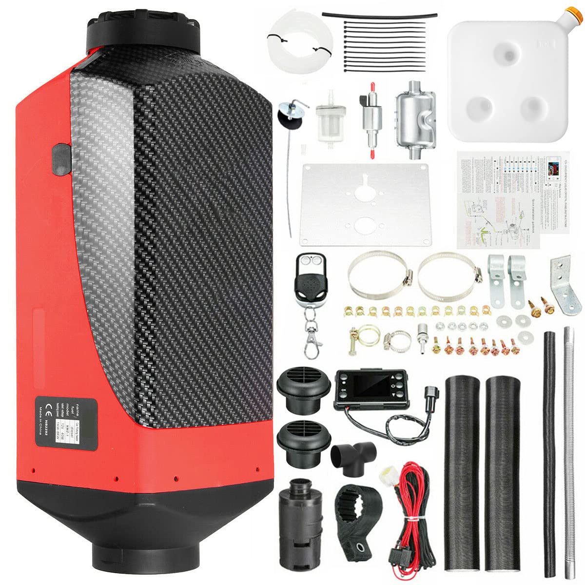 PRIJESSE Diesel Air Heater, 12V 5KW Parking Heater Diesel Night Heater with Silencer LCD Monitor Thermostat Remote Control 10L Tank For Car Trailer Truck Van SUV Boat Lorry Bus RV Touring(Red)