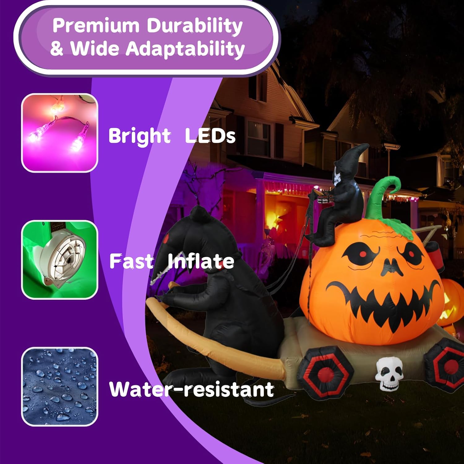 PTS 9FT Inflatable Pumpkin with Carriage Outdoor Decoration, Halloween Blow Up Yard Decorations, Built-in LED Lights Inflatables Spooky Holiday Funny Decor for Indoor Lawn Garden