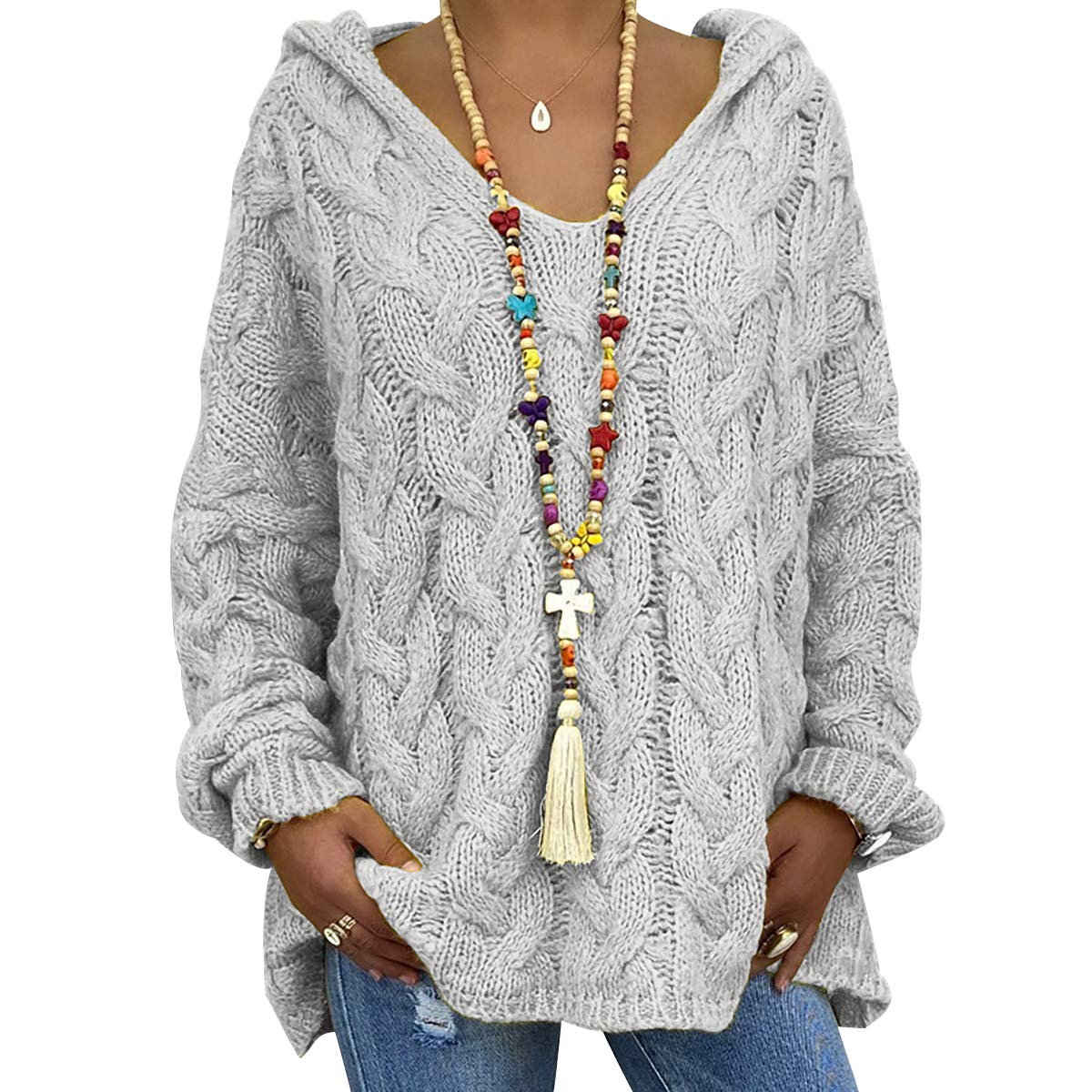 Oversized Cable Knit V Neck Jumper Women Long Jumpers For Women Ladies Baggy Fluffy Knitted Jumpers Womens Sweater Hooded Pullover Hoodie Women Sweaters Pullovers Thick Loose Lady Jumpers Grey L
