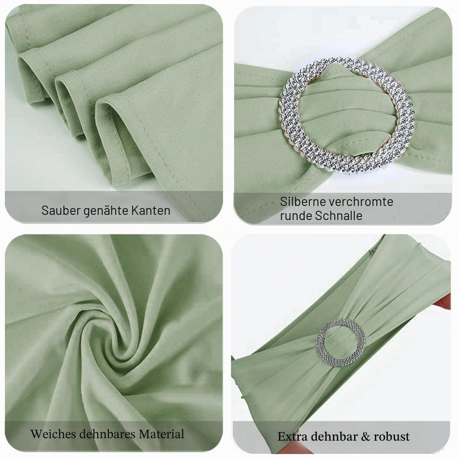 Stuhlschärpen für Hochzeit, 100 Stück, Spandex, Salbeigrün, Salbeigrün, Schleifen mit Blucke, für Brautschmuck, Babyparty, Geburtstag, Bankett, Party-Dekorationen