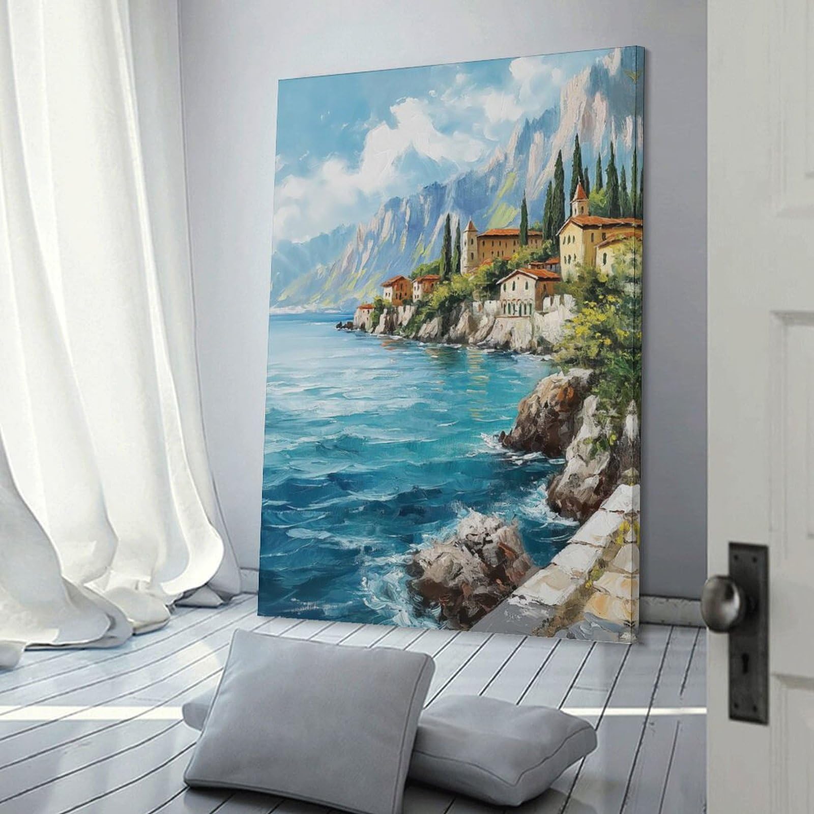 Junmoney Coastal Village Painting Canvas Wall Art 20x30inch(50x75cm), for Workspace Walls, Study Corners Or Bedrooms, Wall Art That Adds Style to Work Areas