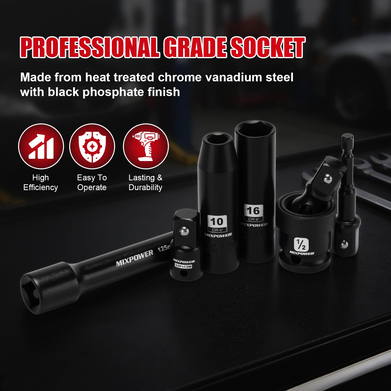 MIXPOWER Set di 33 chiavi a bussola a percussione, da 1/2", profondità da 10 a 36 mm, a 6 punti, con custodia portatile, metrica, acciaio CR-V e CR-MO