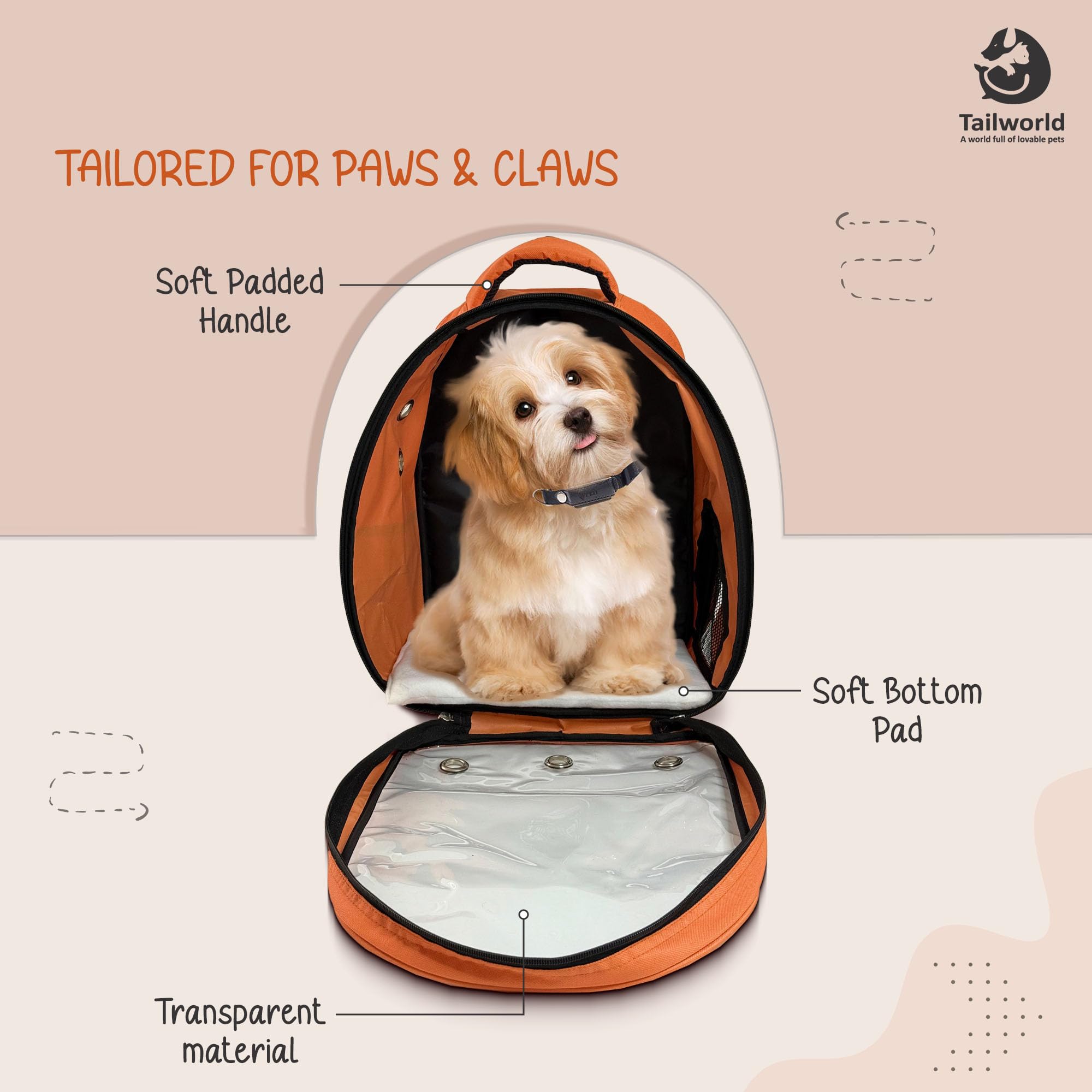 Tailworld Portable Pet Carrier Backpack for Cats & Small Dogs – Transparent Window, 9 Air Vents, Breathable Mesh, Built-in Safety Leash, Lightweight Travel Bag for Outdoor & Travel (Orange) 2
