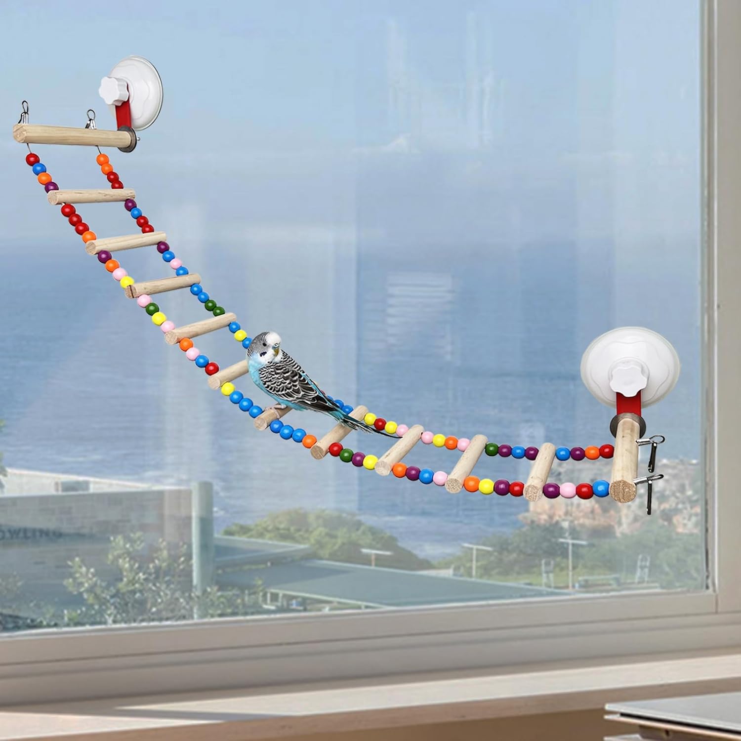 FlidRunest Suction Cup Wooden Bird Perch Stand Toy, Colorful Bird Parrot Ladder Bridge Toys for Window/Bath/Car, Climbing Ladder for Parrot, Lovebird, Parakeet, Budgie