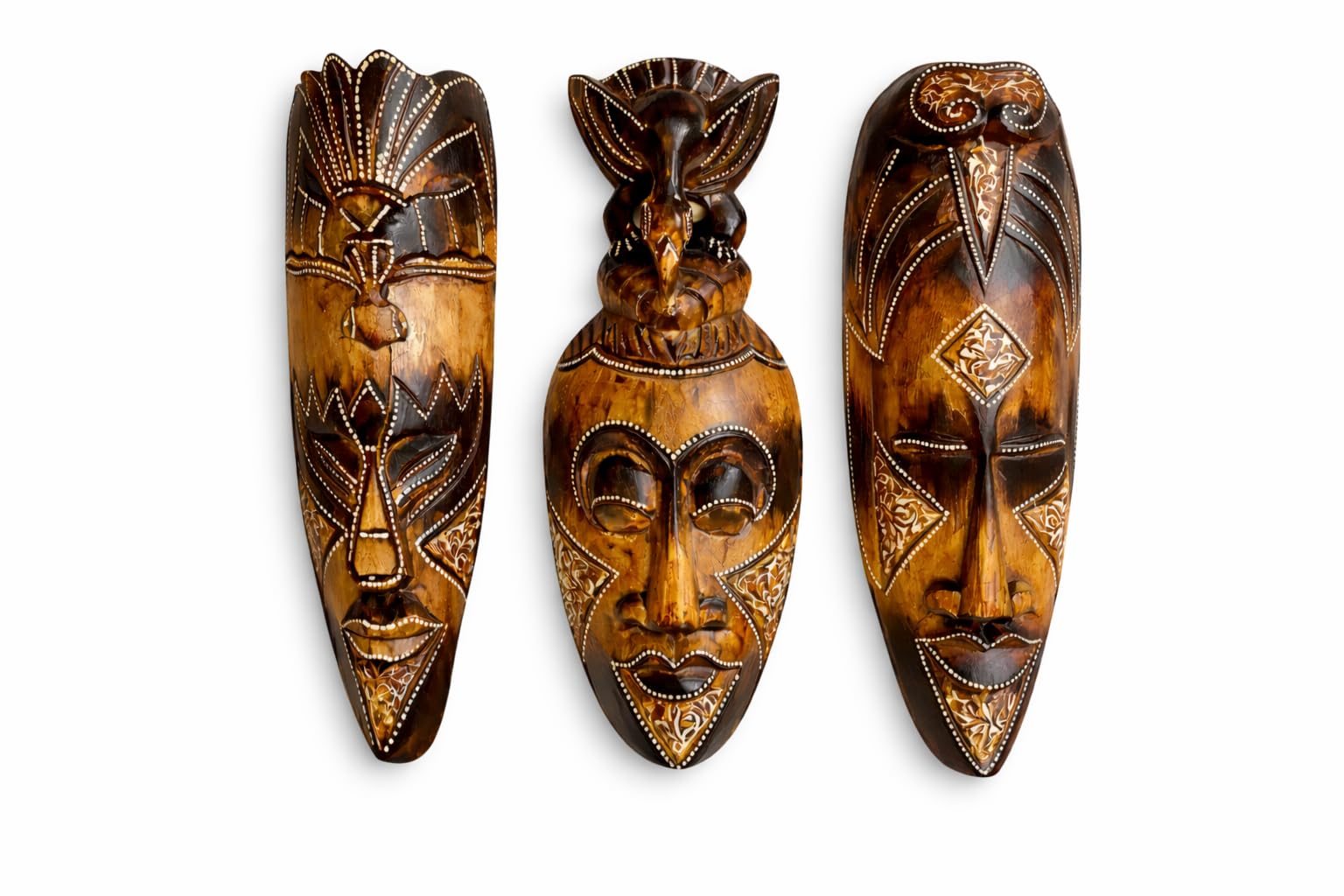 Set Of (3) African Wall Masks With Stunning Details Hand Crafted Wooden Tribal Tiki Wall Hanging Home Décor Gift (Tribal)