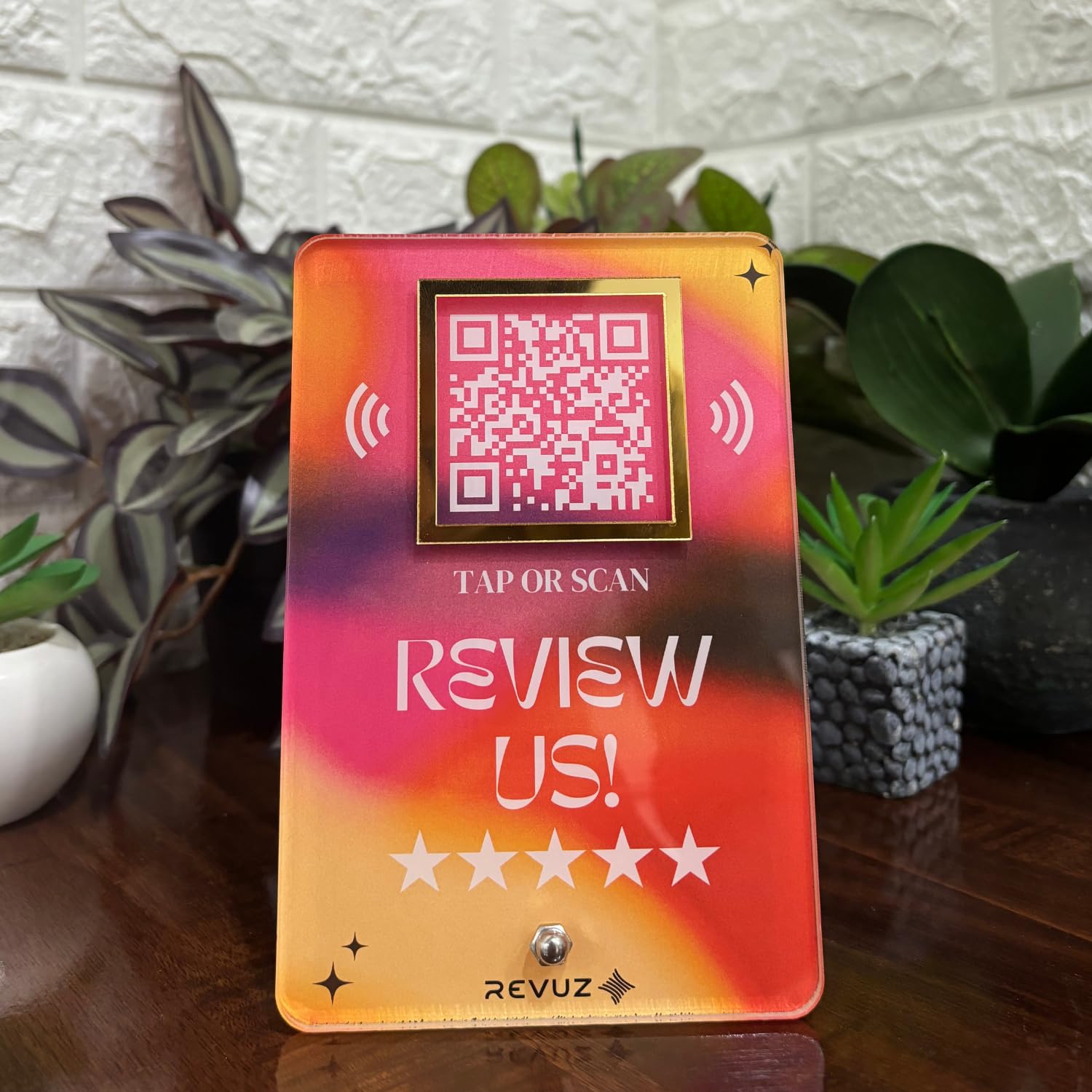 REVUZ Luxe Online Review Stand | Premium Acrylic Standee for Easy Online Review | NFC Tap/QR Code Scan (M08)