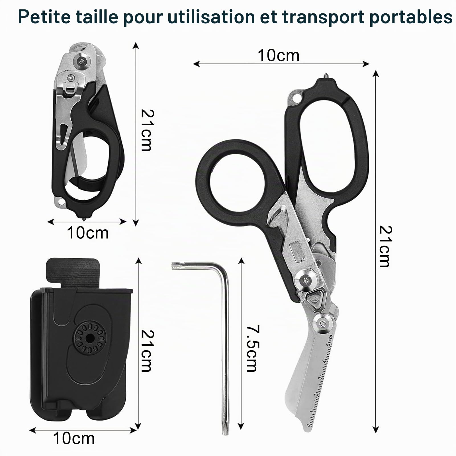 Ciseaux de traumatisme multifonctionnels en acier inoxydable - 6 fonctions pratiques - Ciseaux d'urgence Raptor Response - Noir