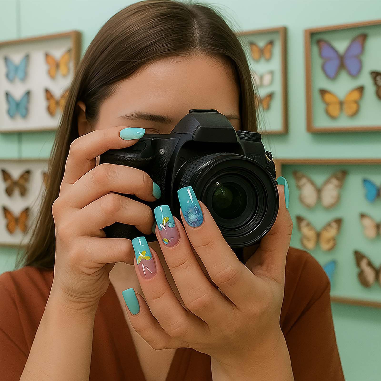 24Pcs Blue Butterfly Glitter Press on Nails with Square French Tip - Image 3