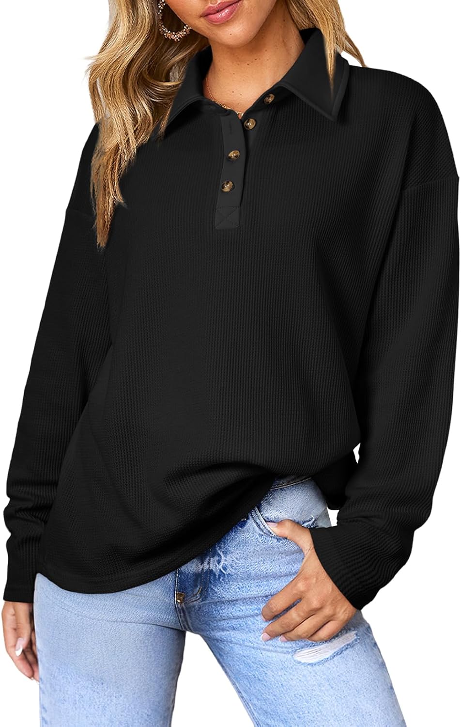 SHEWIN Polo Shirts for Women Casual Waffle Knit V Neck Collared Long Sleeve Shirt Button Tunics Tops SHEWIN Polo Shirts for Women Casual Waffle Knit V Neck Collared Long Sleeve Shirt Button Tunics Tops