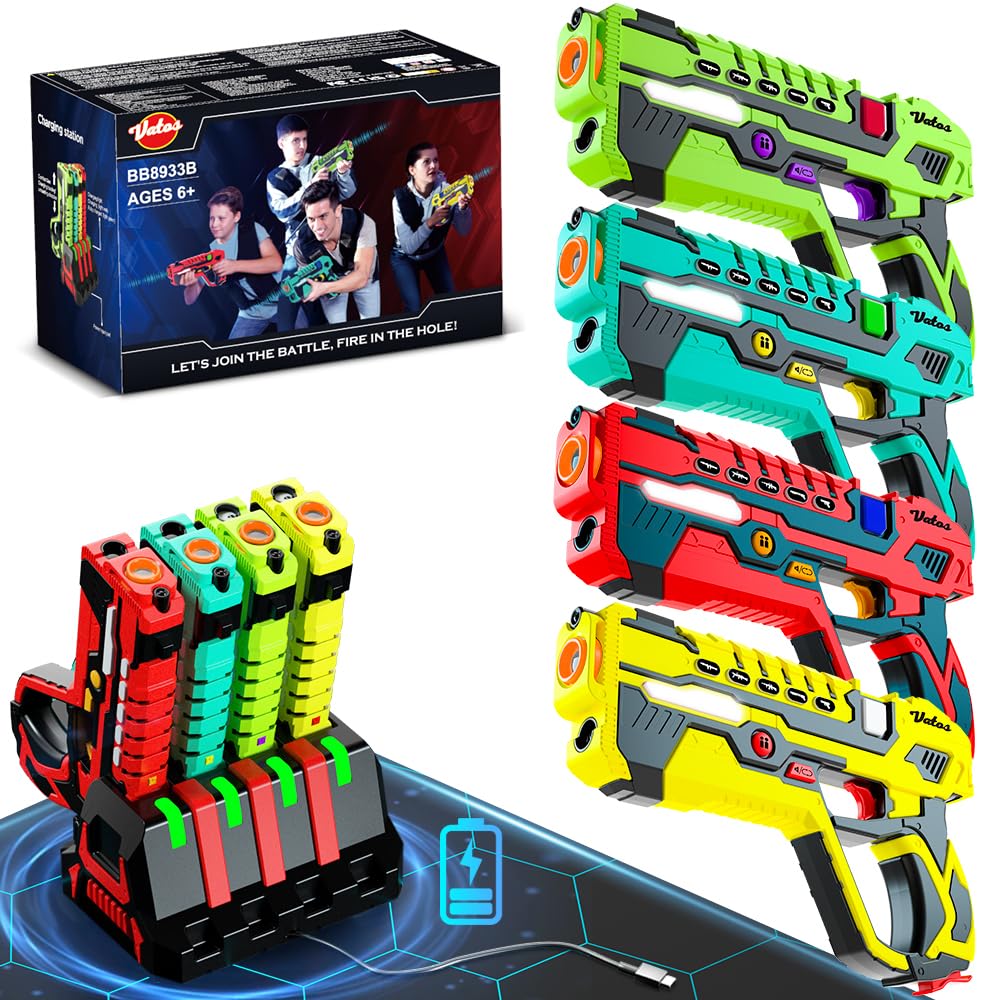 VATOS Rechargeable Infrared Laser Tag Set - 4 Player Toy Blaster with Charging Station, No Vests Needed, Infrared Laser tag with Data Display for Kids Teen Adults Family Group Activity Game
