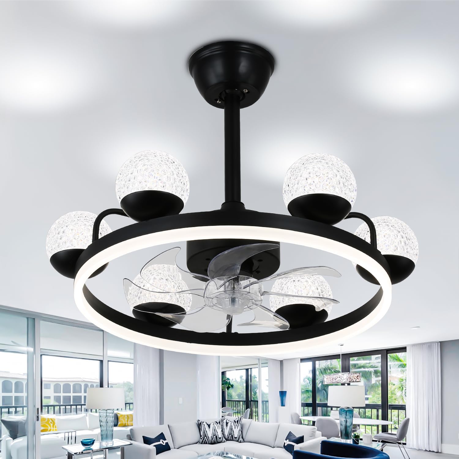 24\" Caged Ceiling Fans with Lights Remote Control Bladeless Chandelier Fan Flush Mount Lamp Lighting Fixture for Bedroom Kitchen Black 6009-Black NOT TESTED