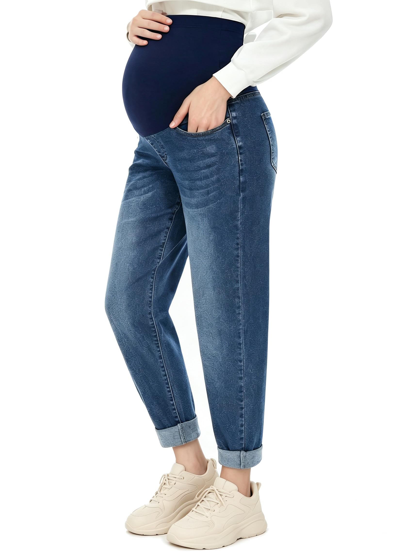 Umstandsjeans für Damen, Schwangerschaftshose Boyfriend Denim mit Taschen