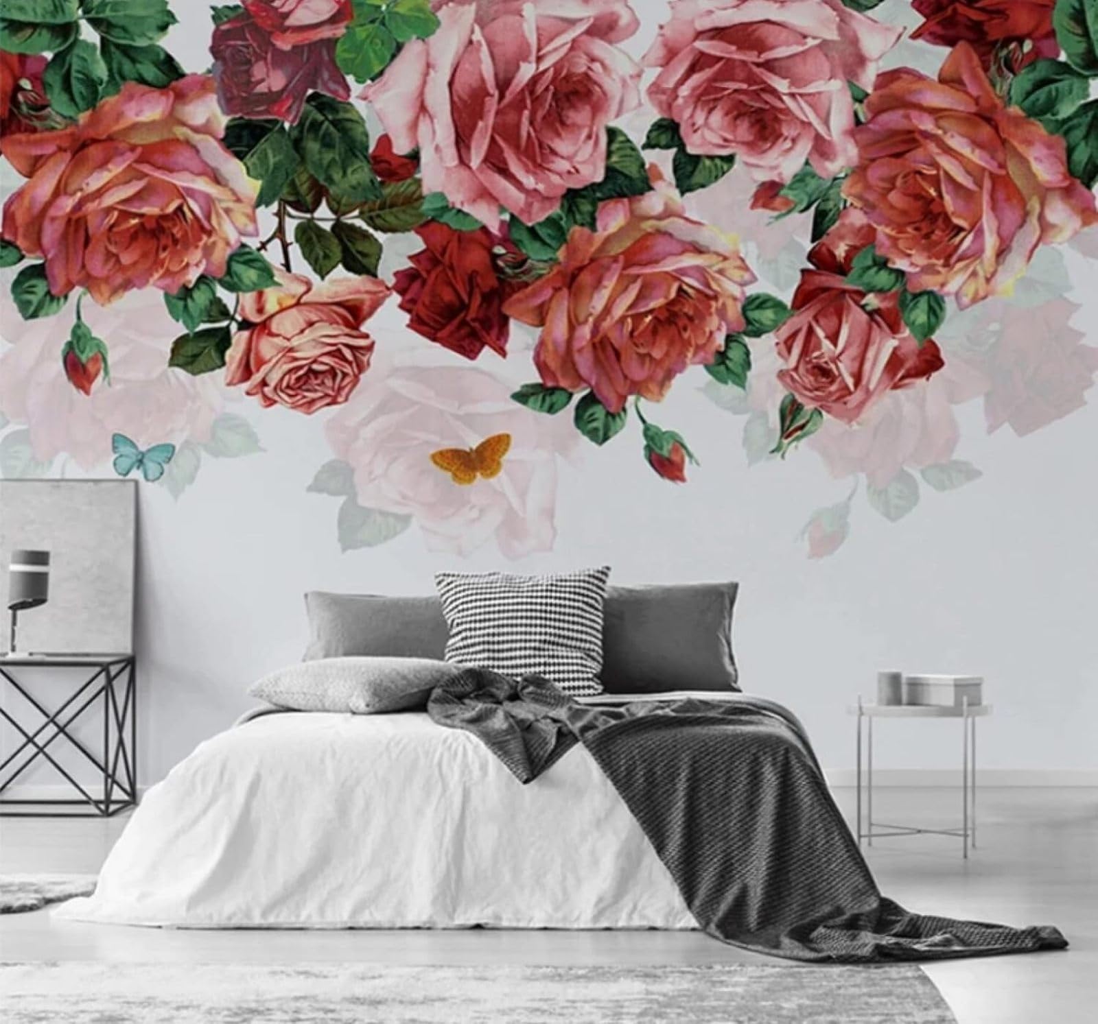 Hand Drawn Romantic Red Roses Butterflies 3D Wallpaper Easy Install Feature Office Living Room Sofa Bedroom TV Background Wall Decoration-200cm×140cm