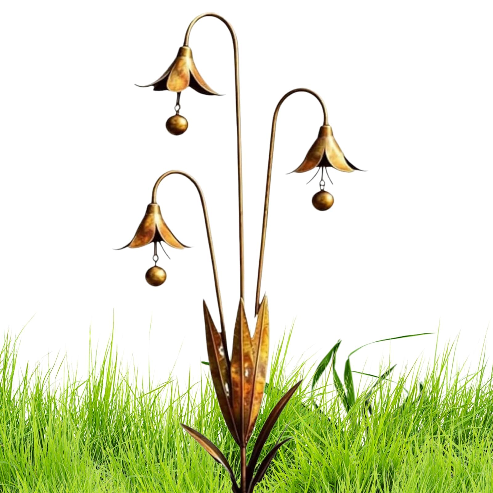 Flamed Copper Three Calla Lilies Garden Stake with Bells Metal Flower Yard Art Decor Outdoor Wind Bell Stake for Lawns, Patios & Garden Rustic Handmade Wind Chime Ornament (A)