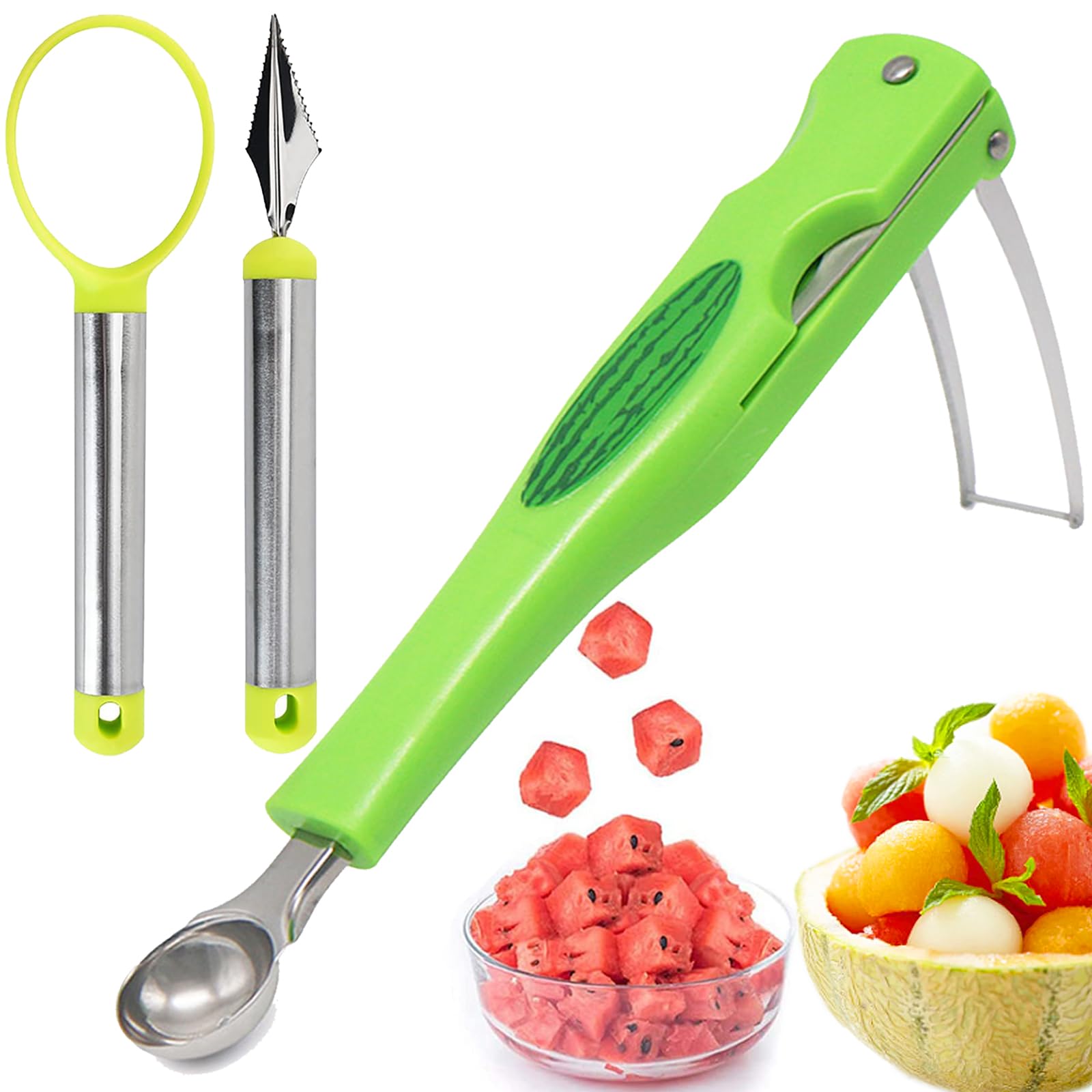 JAYVAR Watermelon Cutter Slicer with Melon Baller Scoop Set, Fruit Scooper Knife for Dig Pulp Separator, Watermelon Knife Fruit Cutters Shapes, Fruit Carving Tools Fruit Slice