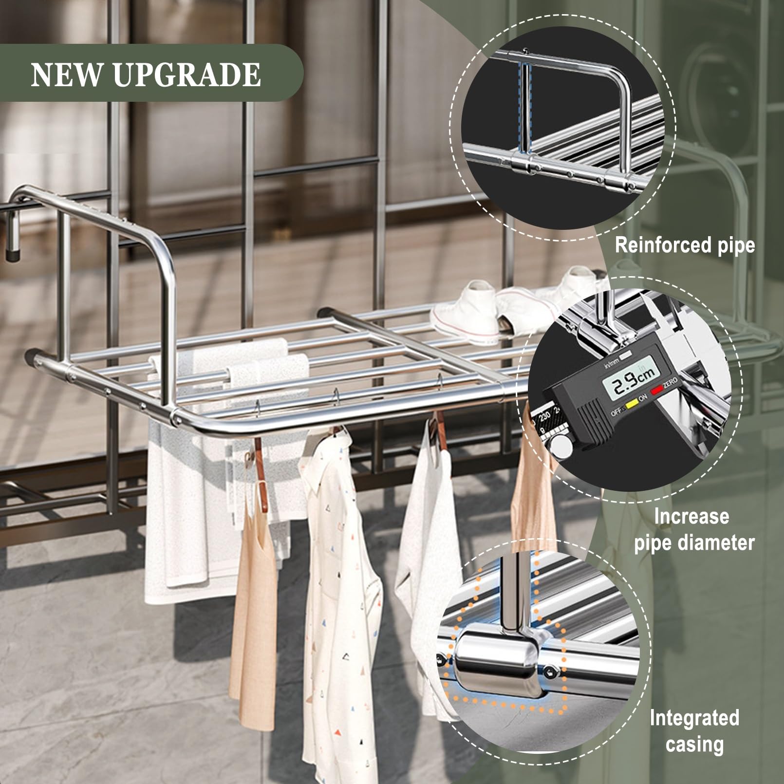 Stendibiancheria da balcone in acciaio inox, estensibile da 160 cm, con 6 aste, per interni ed esterni, pieghevole, per scarpe, scarpe e biancheria intima (78-140 cm)
