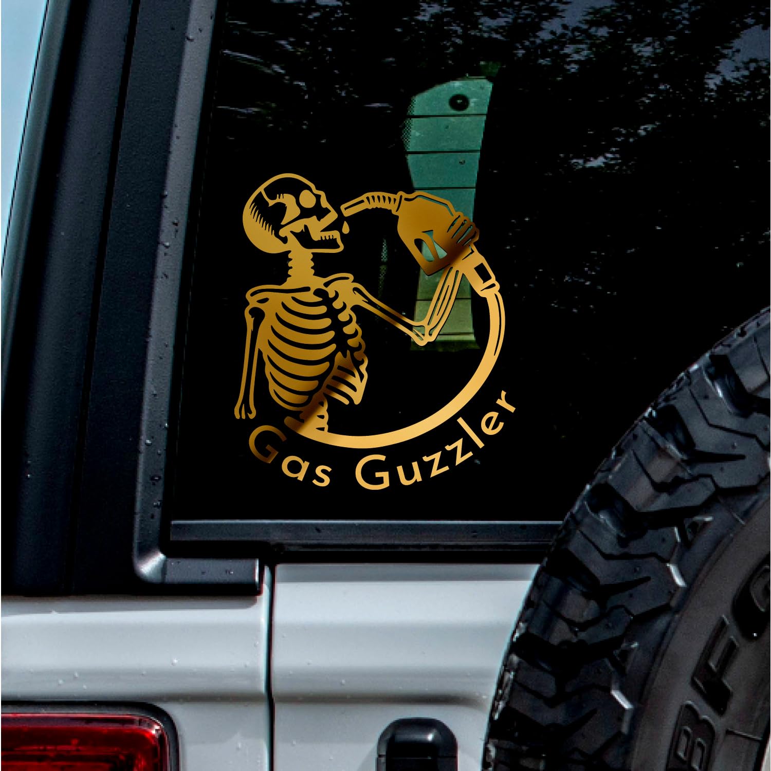 (2 Pcs, 4.8'' x 5.4'', Metallic Gold) – No Background – Durable and Waterproof of Gas Guzzler Funny Skeleton Sticker Decal for Laptops, Water Bottles,