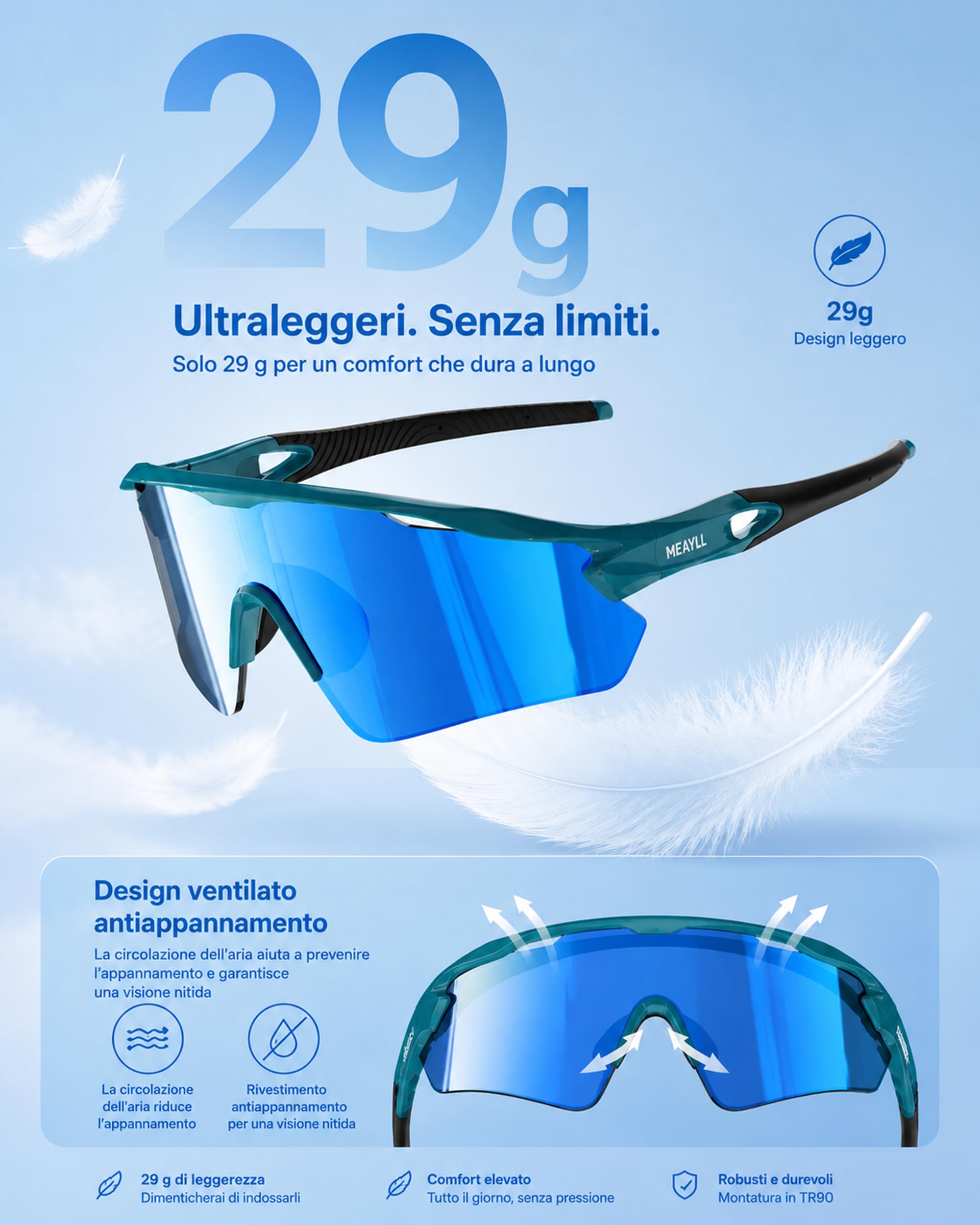 Occhiali Ciclismo Uomo Donna, Anti-UV400, Occhiali da Sole, Occhiali Running Sportivi TR90 Ultraleggeri 29g, Occhiali veloci Naselli e Aste Regolabili per MTB Bici Sport Outdoor