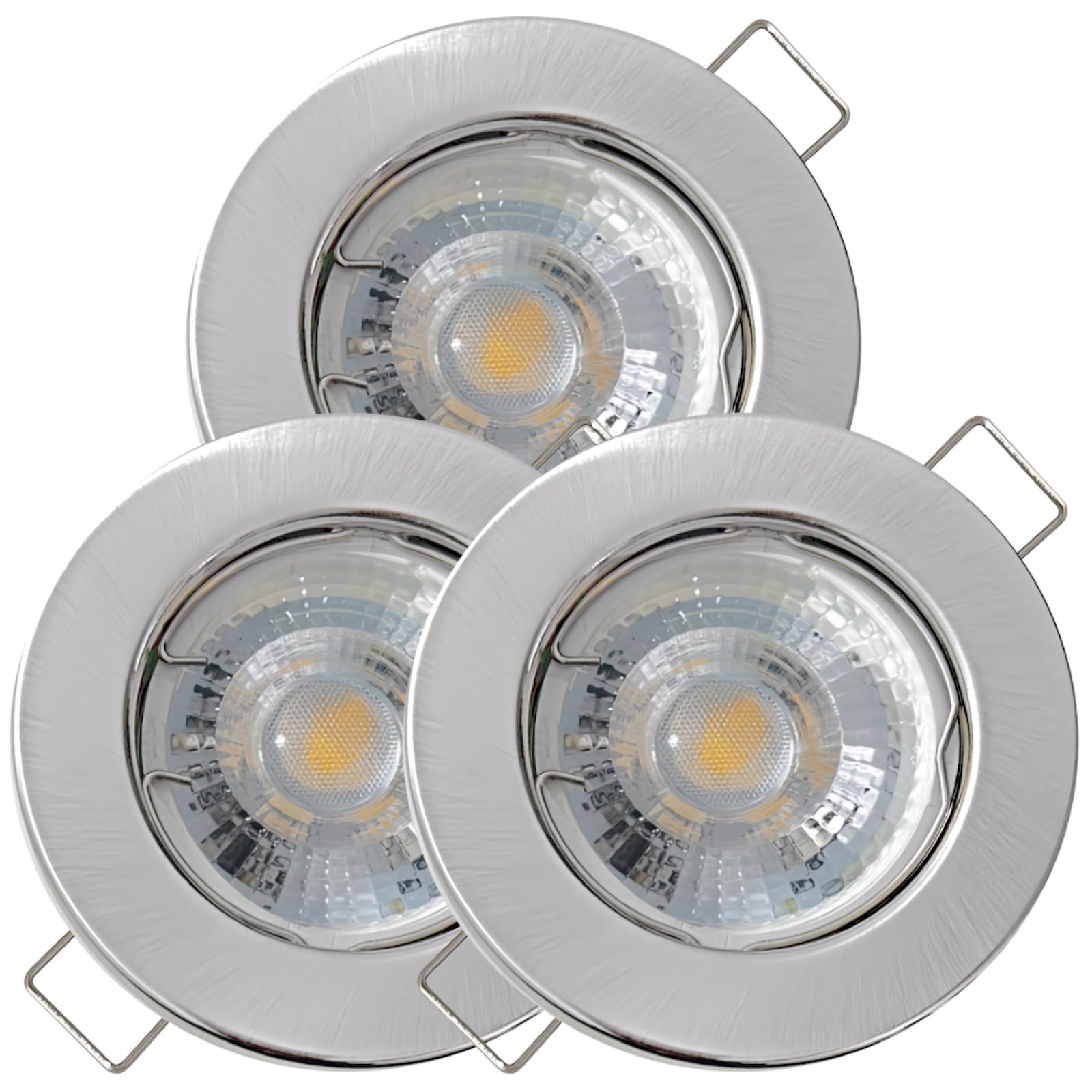 3 Stück LED Einbaustrahler Lotta 12V 5W IP20 Edelstahl gebürstet | Warmweiß 3000K, 400lm | inkl. Trafo & MR16-Fassung | Für Küche und Wohnbereich | Ideal zur LED-Umrüstung