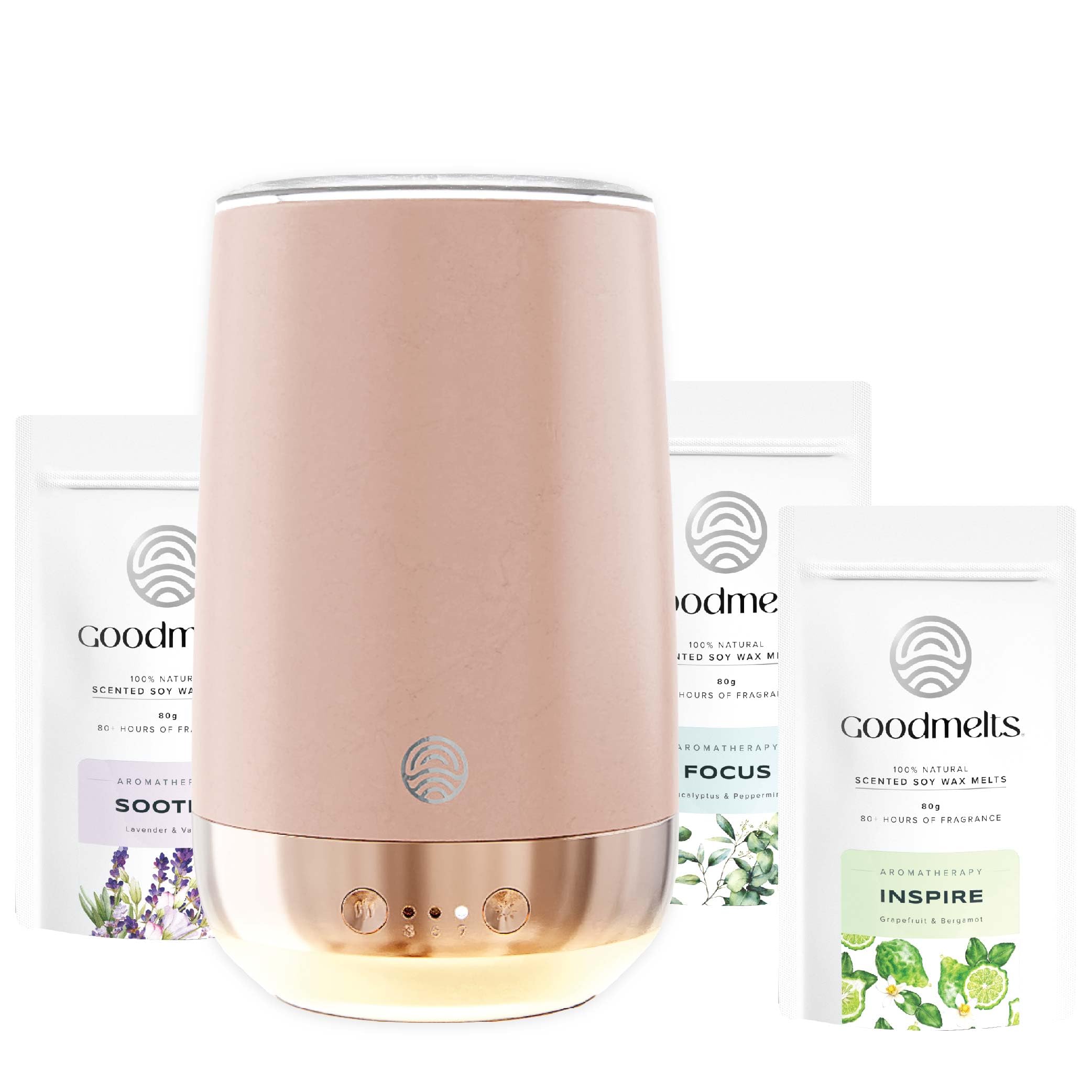 GOODMELTS Ceramic Aura Aromatherapy Matt Pink Wax Melting Starter Kit - Aroma Diffuser with 1 WaxWarmer & 3 Scented Soy WaxMelts (180+ Hours Scent Time) - Safe,Smoke-Free,Natural Fragrance for Home