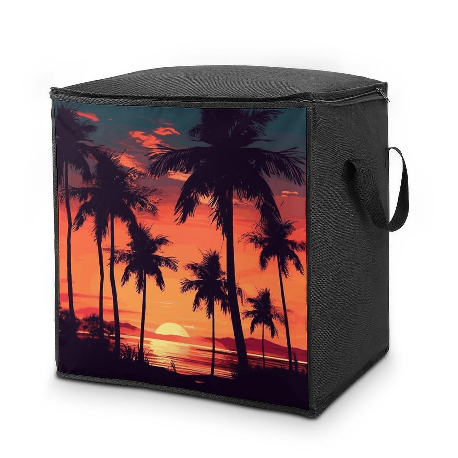 Palm Tree Summer Sunset Storage Bag with Zippers And Handle Extra Large Bedding Comforter Storage Bag Foldable Blanket Storage Bags Fabric Moving Bags for Closet Organizer (70L)