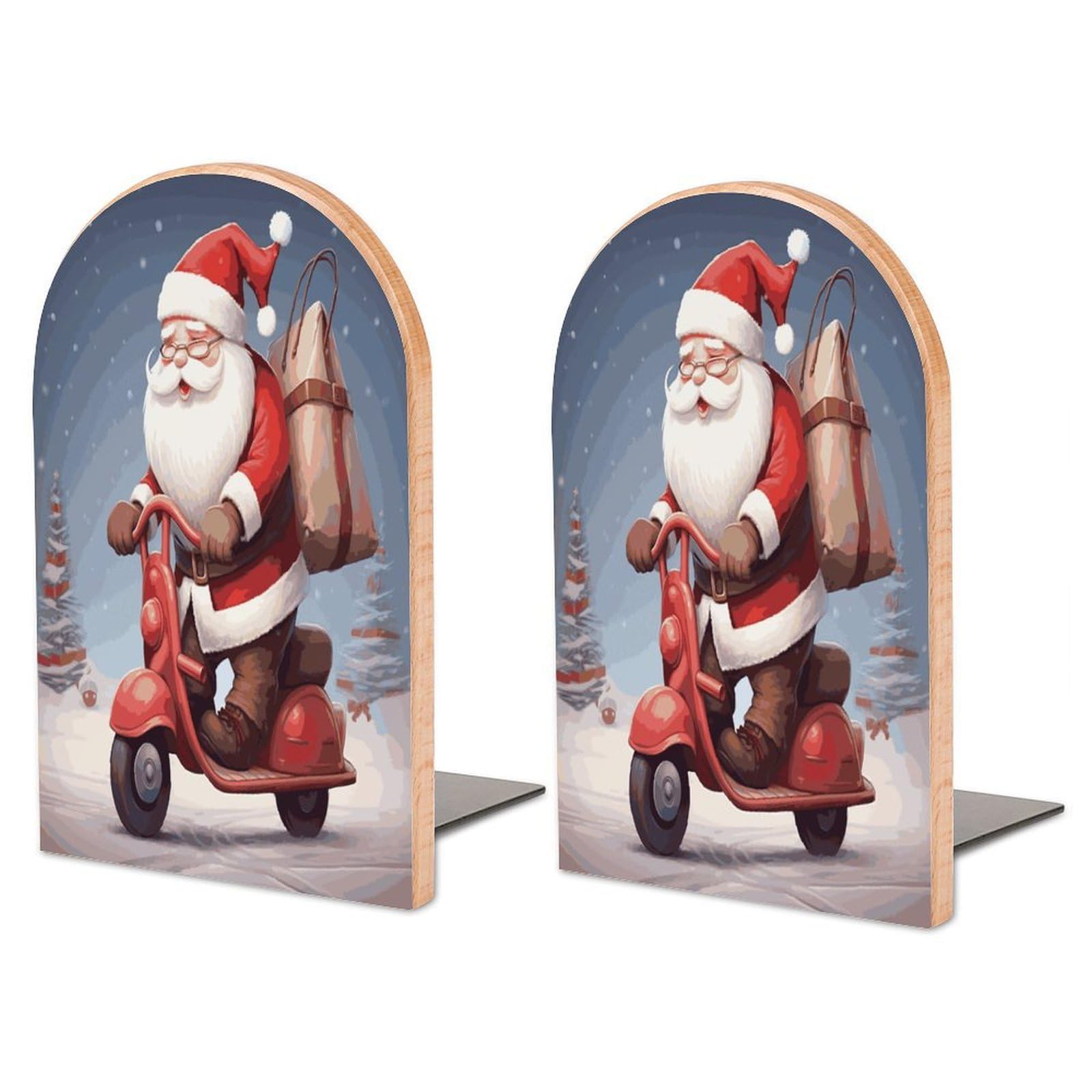 Large Santa Claus on Scooter Book End with Metal Base Fashion Heavy Duty Bookend Exquisite Wooden Bookends Non-Skid Book Stopper for Shelves Books Organizer for Office Home 1 Pair