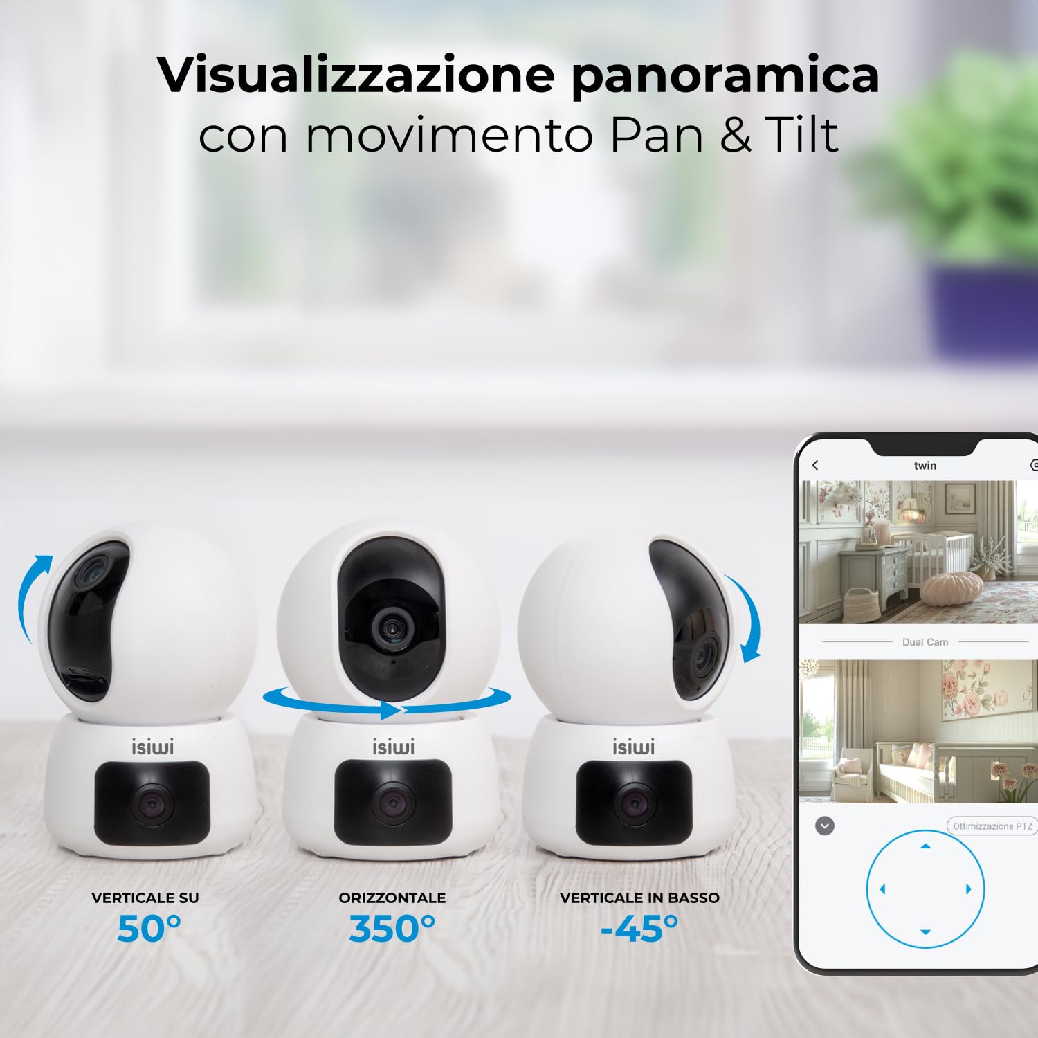 TWIN Telecamera Wi-Fi Interno 2K 3MP+3MP, Doppia Lente, PT, Videocamera sicurezza, Rilevamento persone, Tracciamento movimenti, 2.4/5GHz Visione Notturna Audio registrazione SD-Cloud/NVR