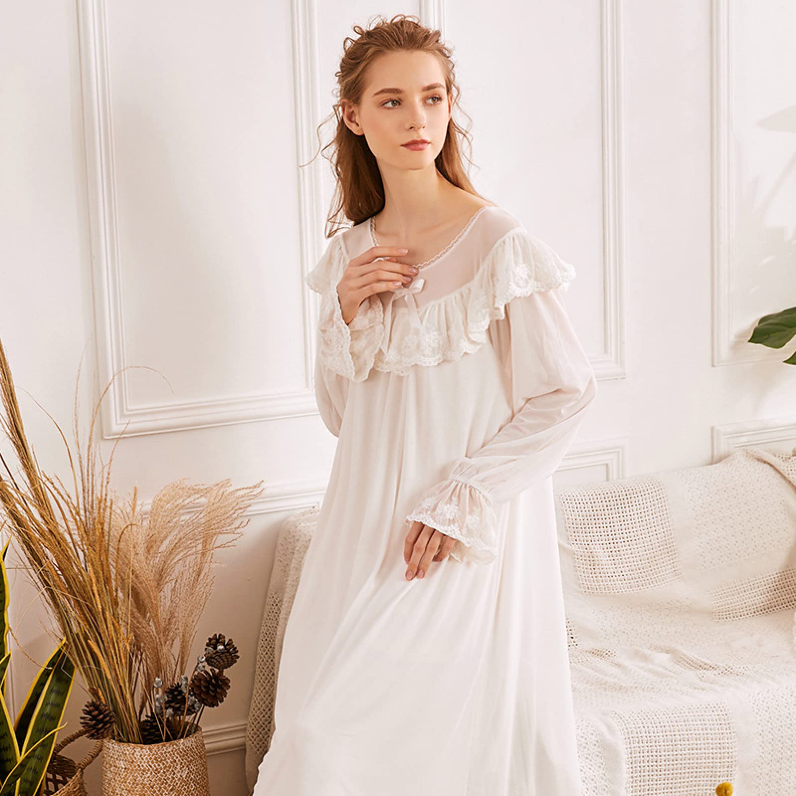 OFFSUM Camisón De Pijama De Mujer - Primavera Verano Camisón De Cuello Redondo Vestido De Malla De Encaje Blanco Elegante Princesa Vintage Ropa De Dormir Transpirable Lencería De Novia