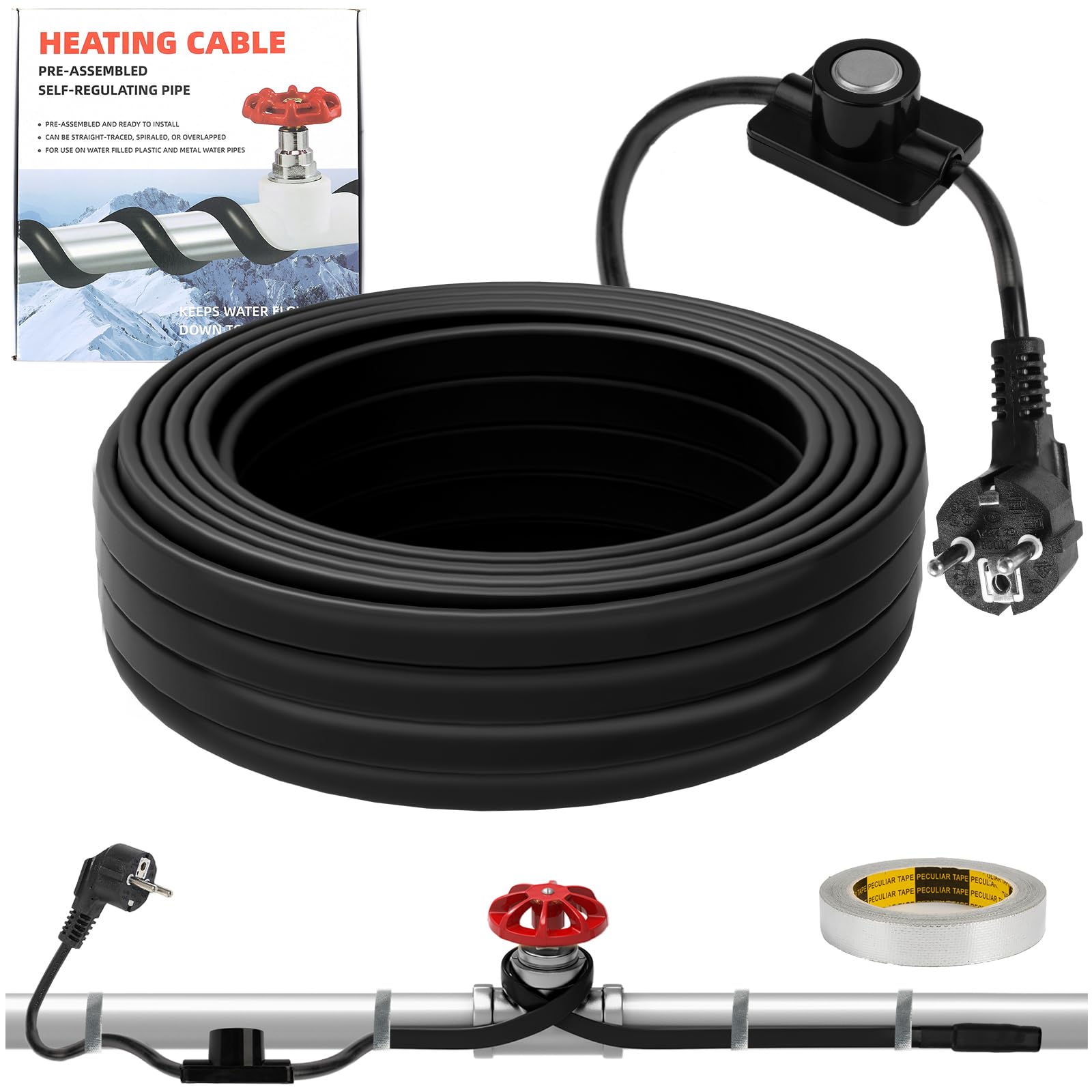 XDOVET Nastro termico per tubi dell'acqua con termostato 8M, cavo riscaldante autoregolante Cavo riscaldante per tubi dell'acqua antigelo per tubi in metallo e plastica 220V 25W/M