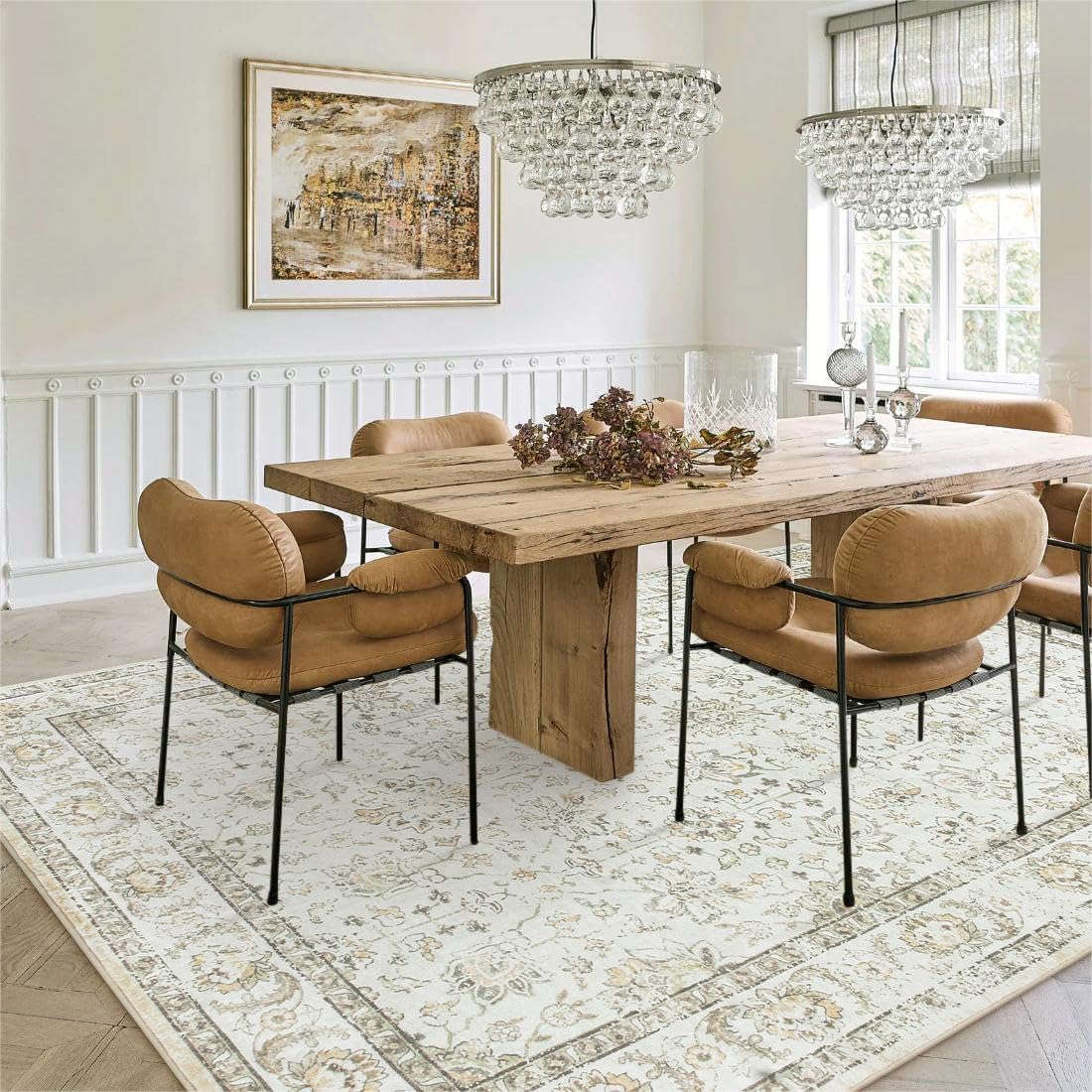 LIVEBOX Machine Washable Area Rugs 9x12 for Living Room, Non-Slip Beige Boho Rug Ultra-Thin Soft Faux Wool Neutral Rug Vintage Rug Cream for Home Office Large Area Rug for Dining Room 9' x 12' Light Beige