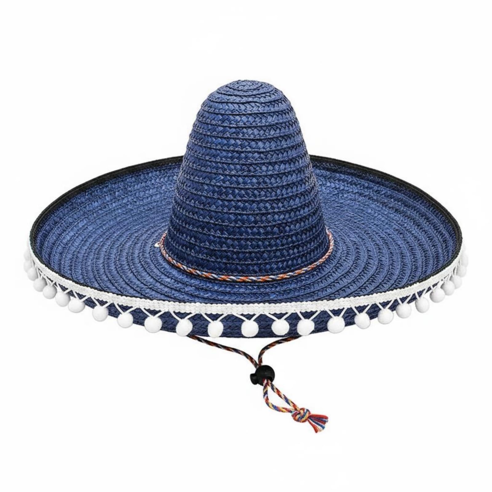 kowaku Mexican Hat Straw Sombreros with Attached White Pom Poms, Royal Blue