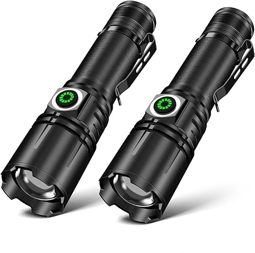 WINDFIRE Pequeñas linternas recargables de 8000 lúmenes altos, linternas tácticas superbrillantes con clip, un solo modo IPX45, luces de bolsillo