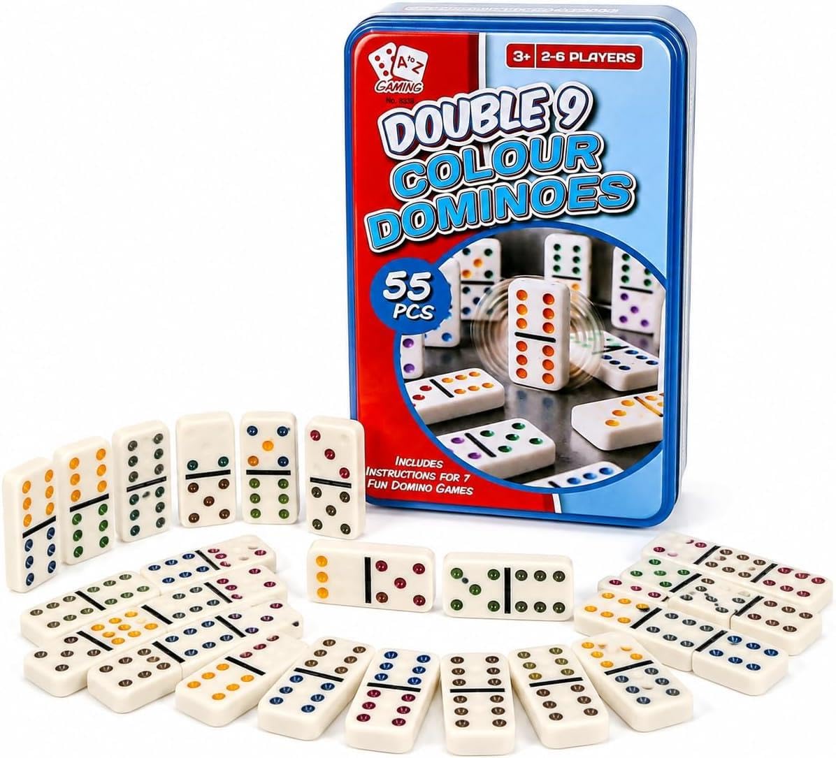 A2Z Double 9 Colour Dominoes Set in Metal Tin 55 Pieces Family Game