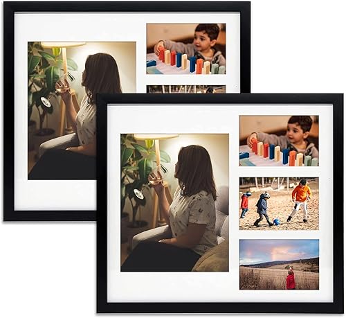 Golden State Art, Juego de 2 portarretratos de madera negra de 14 x 16 pulgadas, paspartú blanco para fotos de 8 x 10 y 4 x 6 pulgadas, vidrio disponible en Yaxa Peru