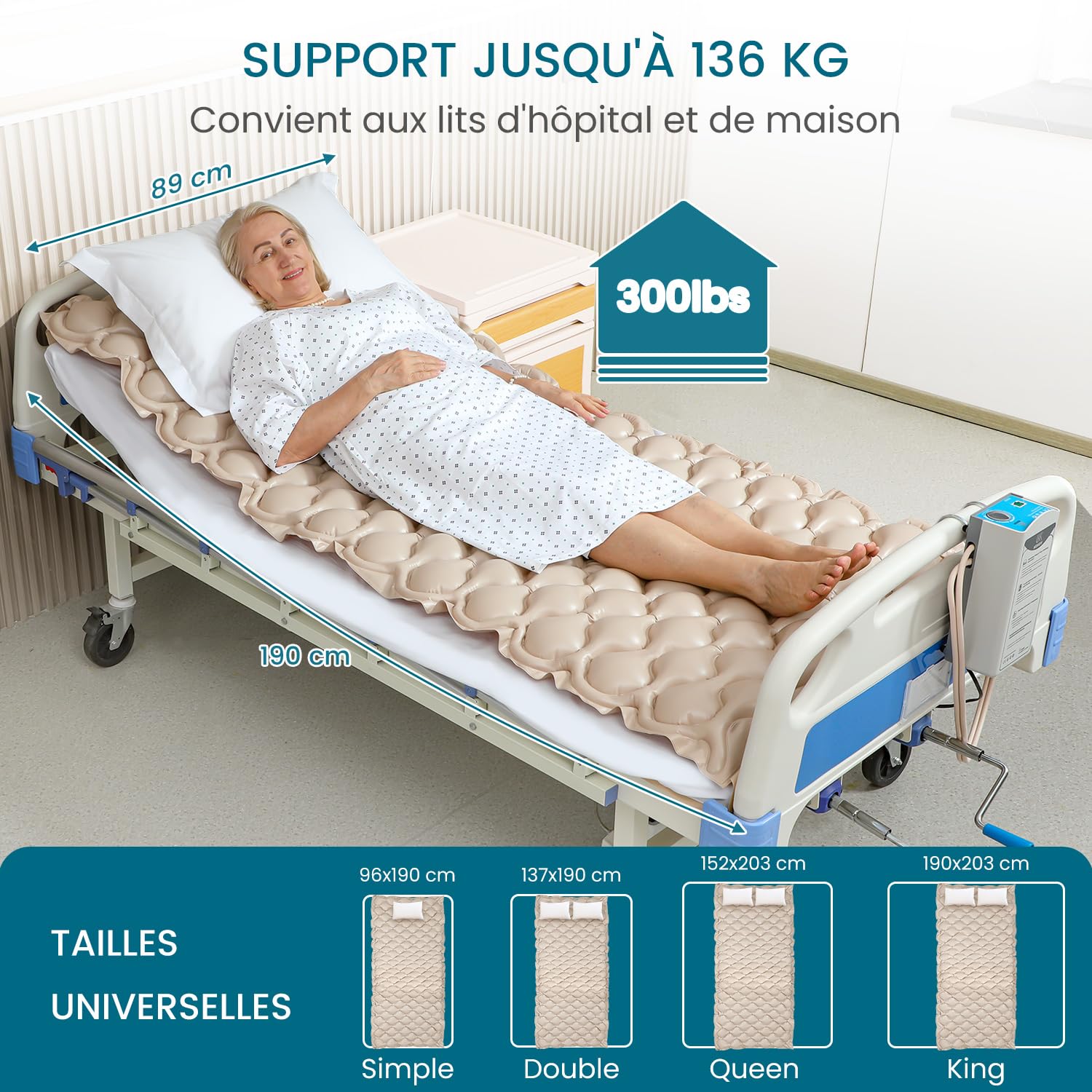 Kekoy Matelas Anti-escarres à air alterné, Pompe silencieuse, imperméable, pour escarres de Grade I, Aide à prévenir Les escarres de lit, pour hôpitaux, Maisons, Lits d'hôpital, 200x90 cm