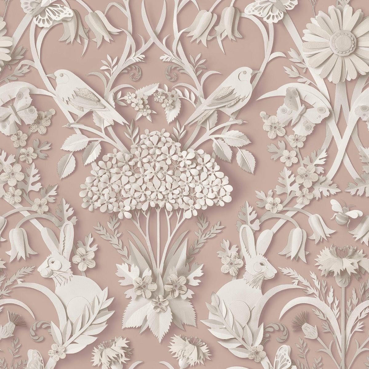 Yöl Pink Woodland Wallpaper - Floral Leaves Flowers Rabbits Animal Print - Naturistic Stylish Feature Wall