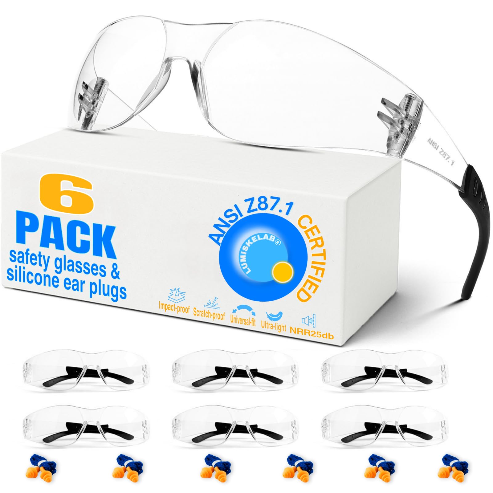 Lumiskelab Clear Safety Glasses 6 Pack for Men & Women – ANSI Z87.1 Certified,6 Silicone Earplugs (NRR 25dB) – Impact Resistant Eyewear for DIY,