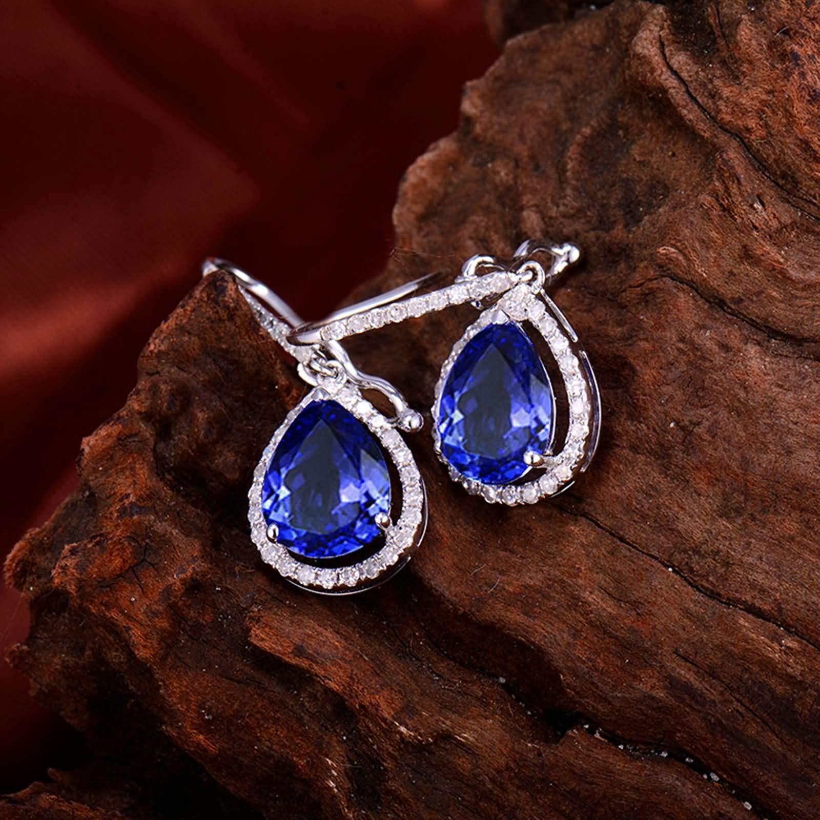 Epinki Weißgold 14K Ohrringe Silber Hängend, Anhänger Ohrstecker mit Tansanit 3.07ct Blau, Geschenk für Valentinstag, Weiß Gold Blau