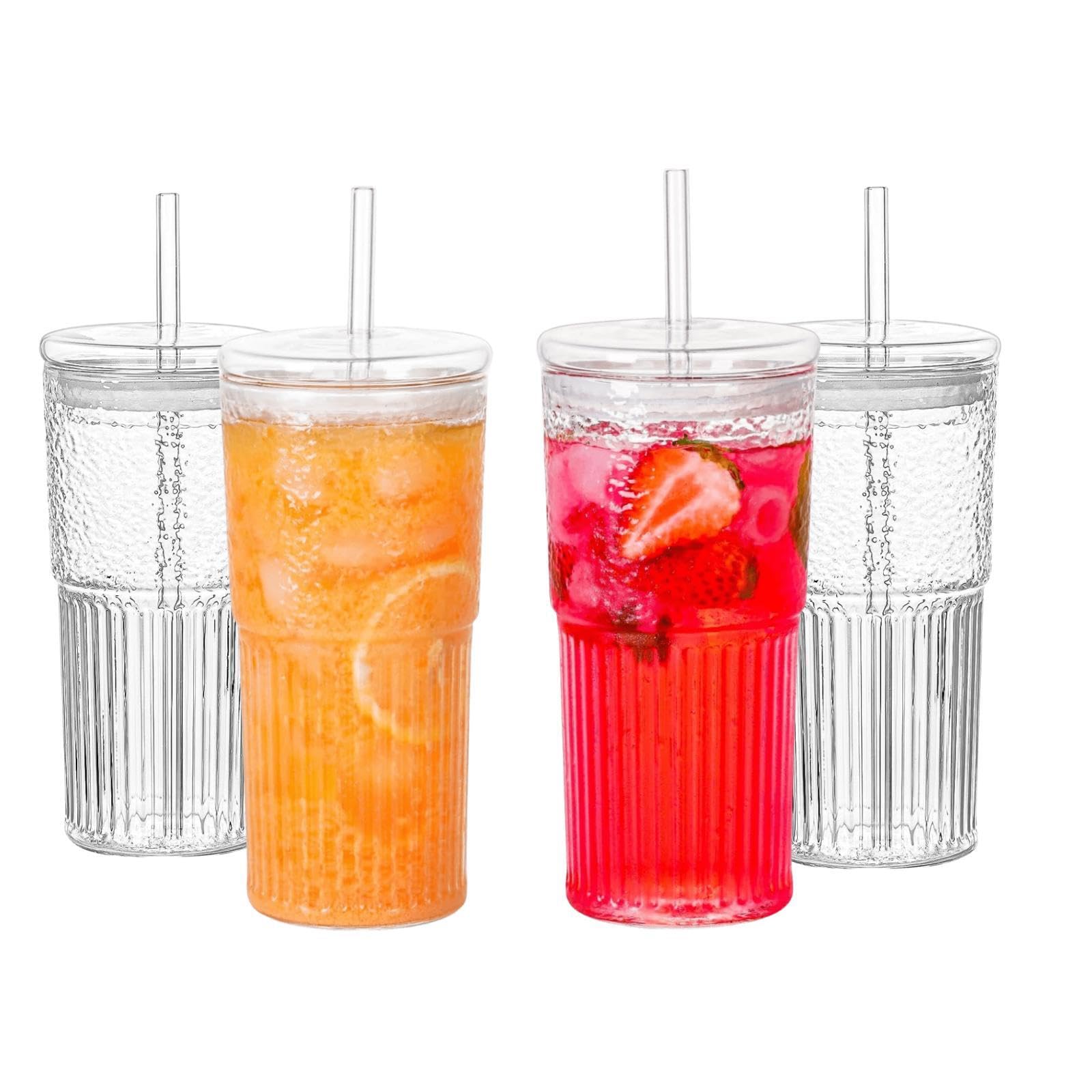 QWEZXO Glass Cups With Lids and Glass Straws?20 OZ 4pcs High Borosilicate Glass Tumbler Iced Coffee Water Smoothie