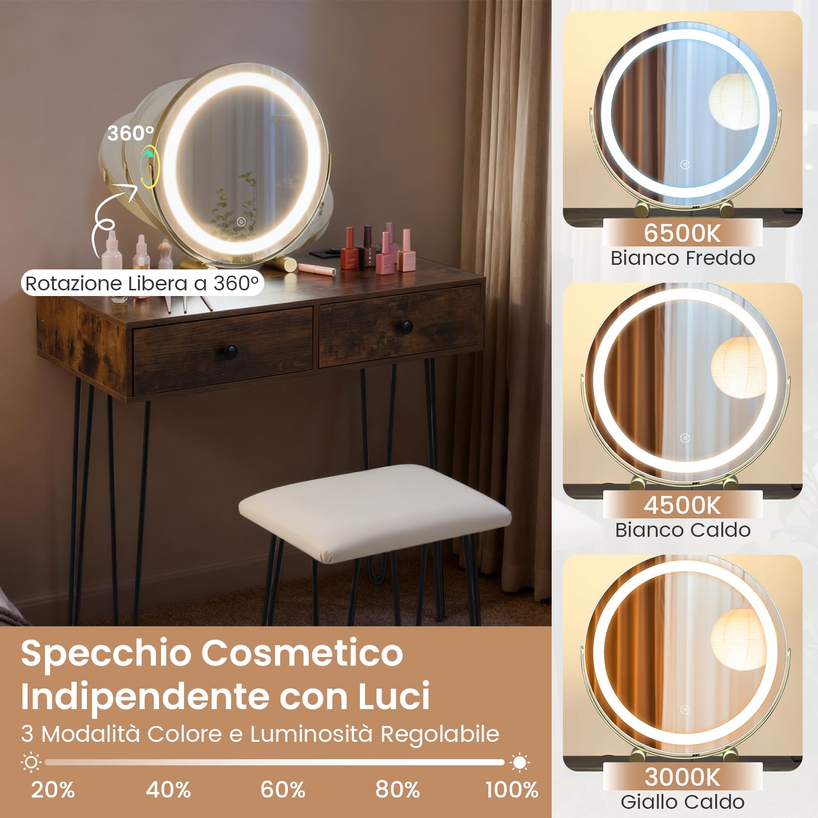 COSTWAY Toeletta Trucco con Specchio e Luci, Tavolo Trucco con Specchio Regolabile, Stazione di Ricarica Integrata, 2 Cassetti, Sgabello Imbottito, per Soggiorno Camera da Letto