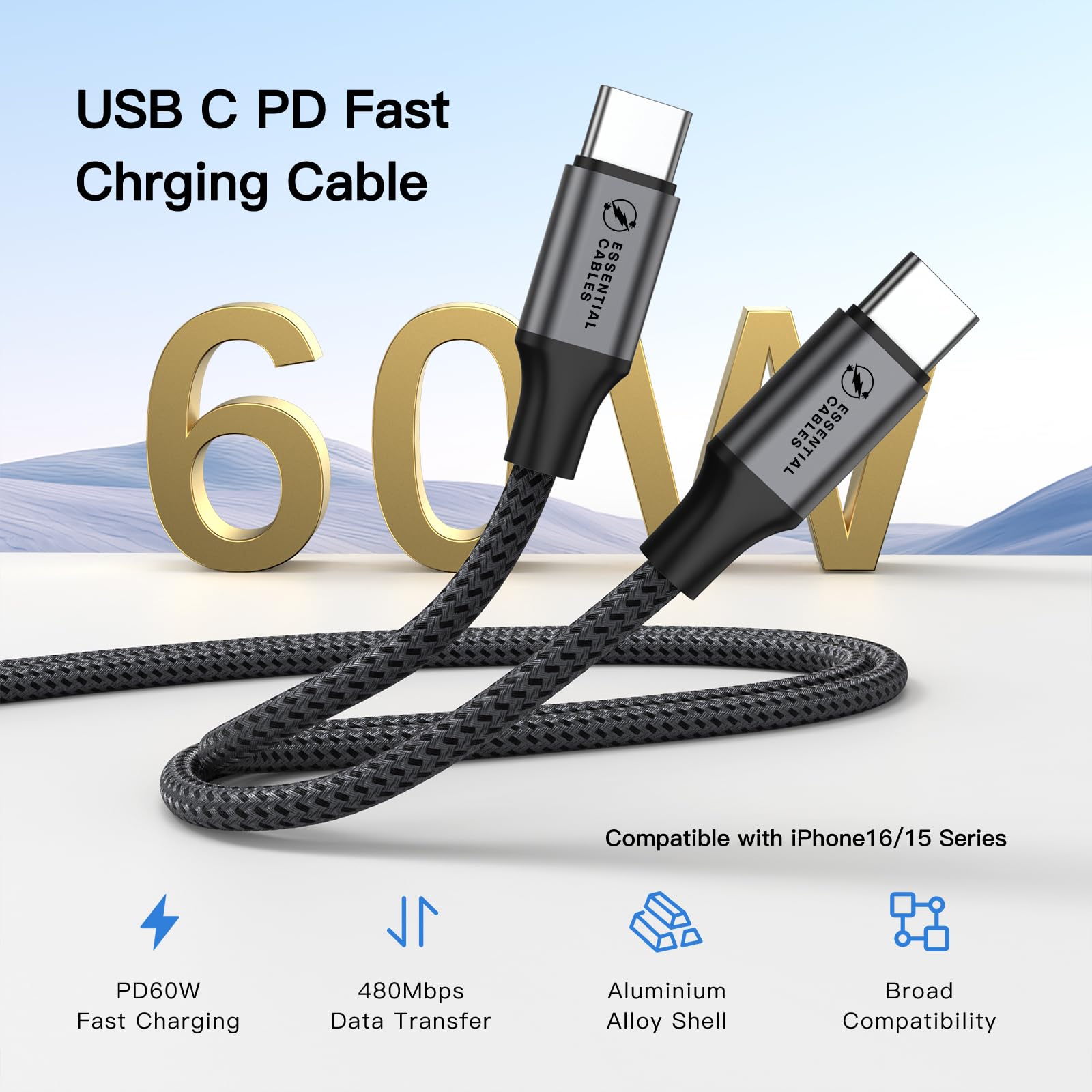 Cable de carga USB C a USB-C de 60 W tipo C a C de carga rápida compatible con iPhone 16/15 Pro Max, Galaxy S24 Ultra, Pixel 9, iPad Pro 2024/Air 5, MacBook Pro (2 m)